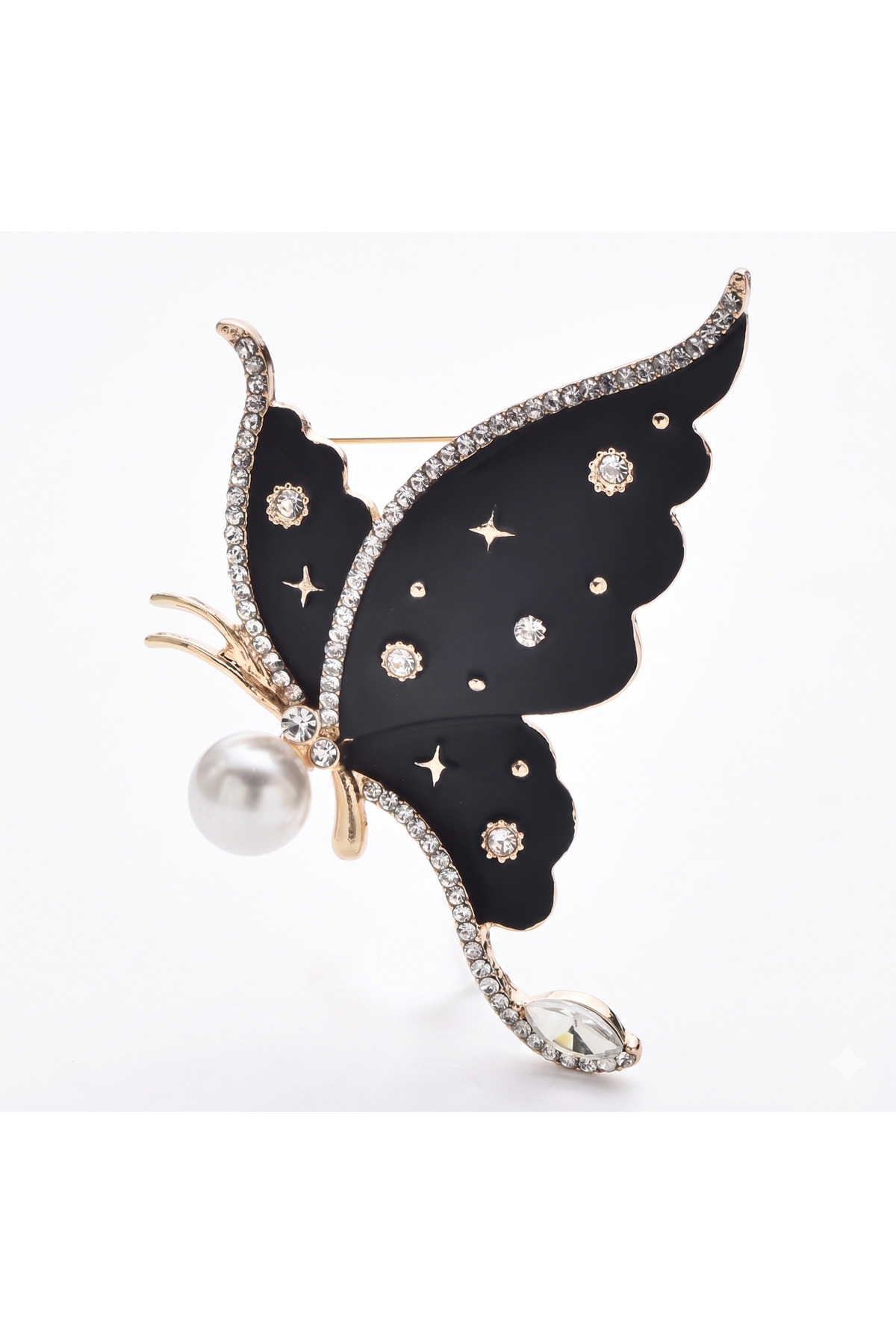 Pearl Detailed Black Butterfly Brooch