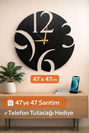 madam gold Dekoratif Sessiz Siyah Metal Duvar Saati 47x47cm Metal Telefon Tut...