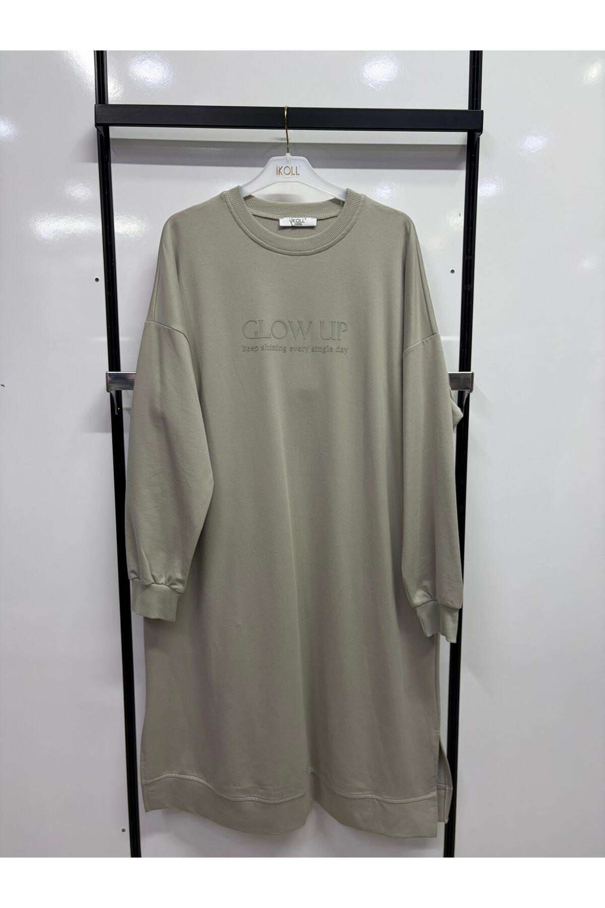 İkoll Kadın Oversize Uzun Sweatshirt Bisiklet Yaka Rahat Kalıp