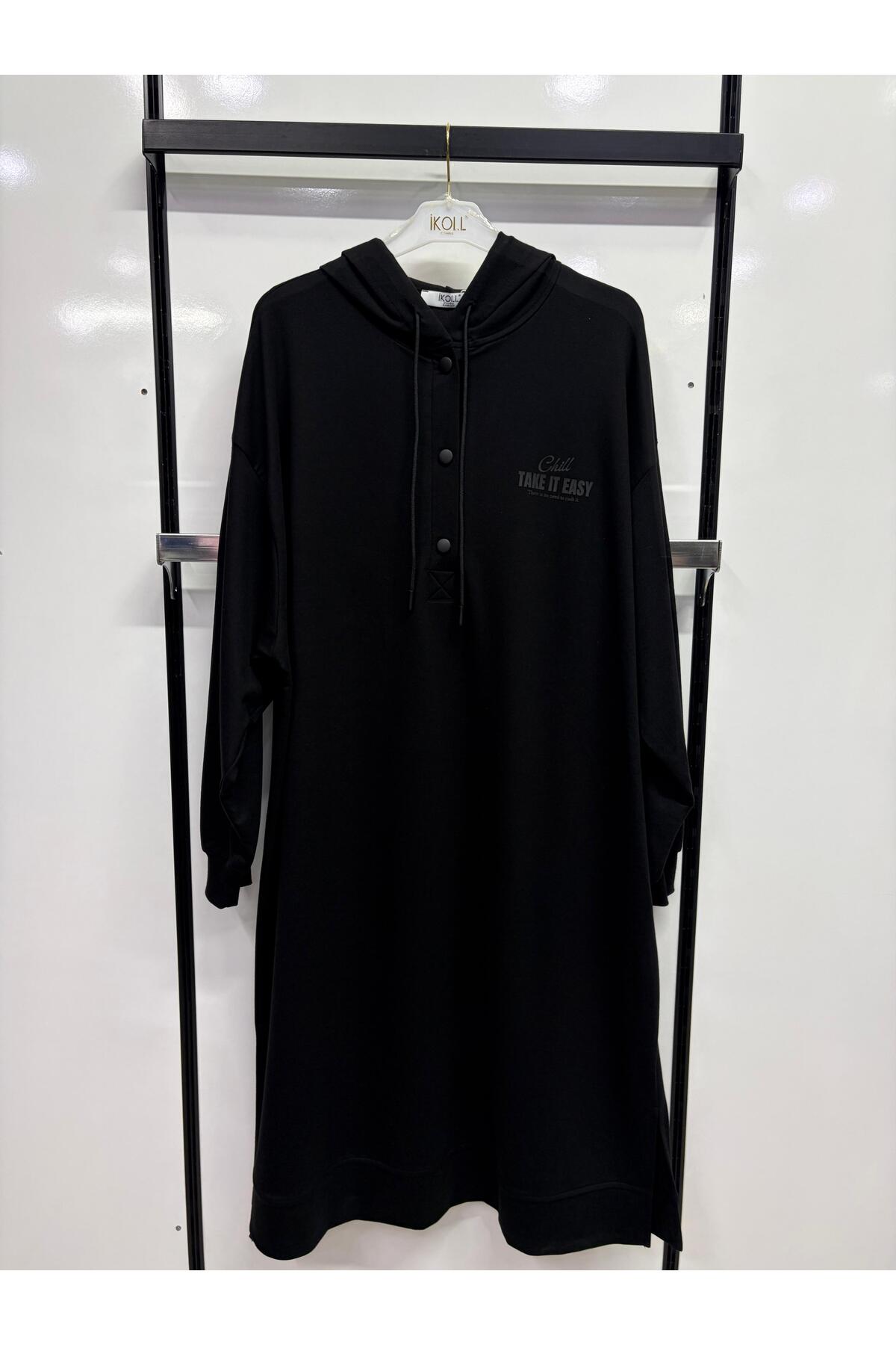 İkoll Kadın Oversize Kapüşonlu Sweatshirt Çıtçıtlı Uzun Model