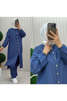 02Lady Fashion Zarif Düğme Detaylı Uzun Tunik Tesettür Kot Alt Üst Takım