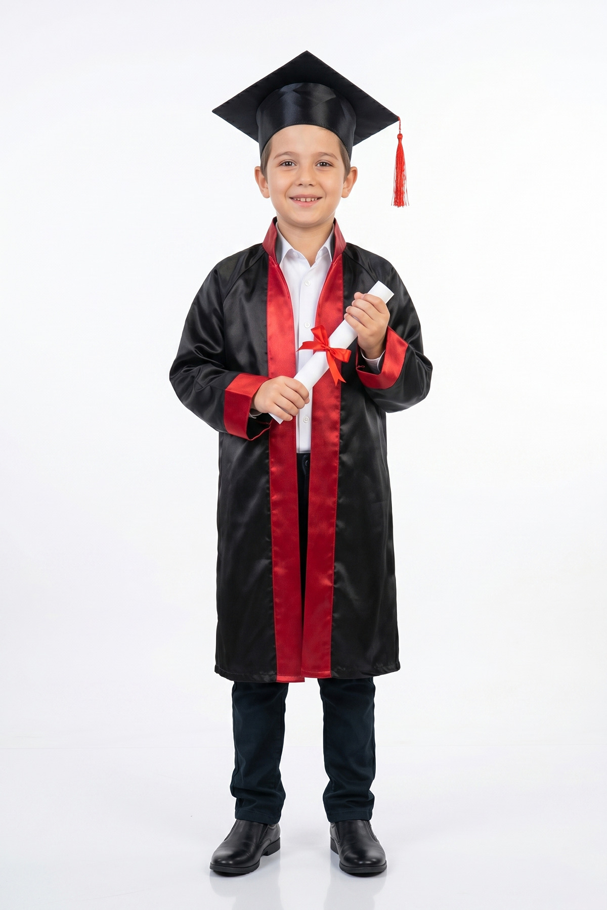 Children's Primary School Red Striped Black Graduation Robe and Cap Set