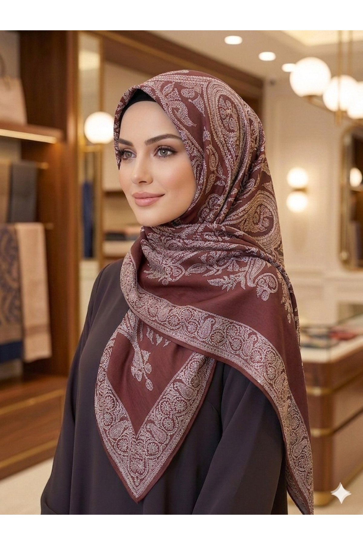 Bordo Pamuklu Büyük Boy Motif Desenli Eşarp 120x120 cm - Kayma Yapmaz
