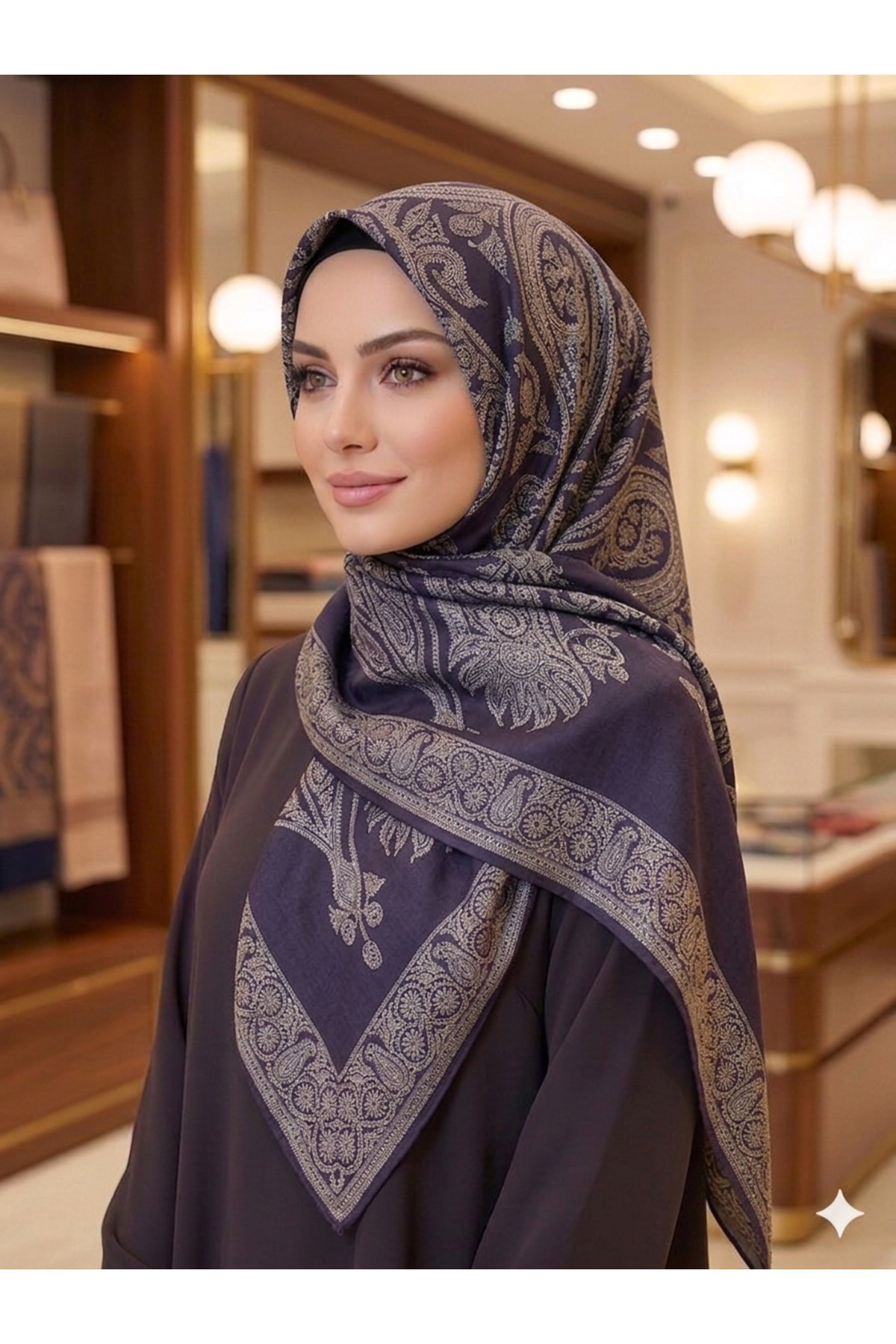 Koyu Mor Pamuklu Büyük Boy Motif Desenli Eşarp 120x120 cm - Kayma Yapmaz