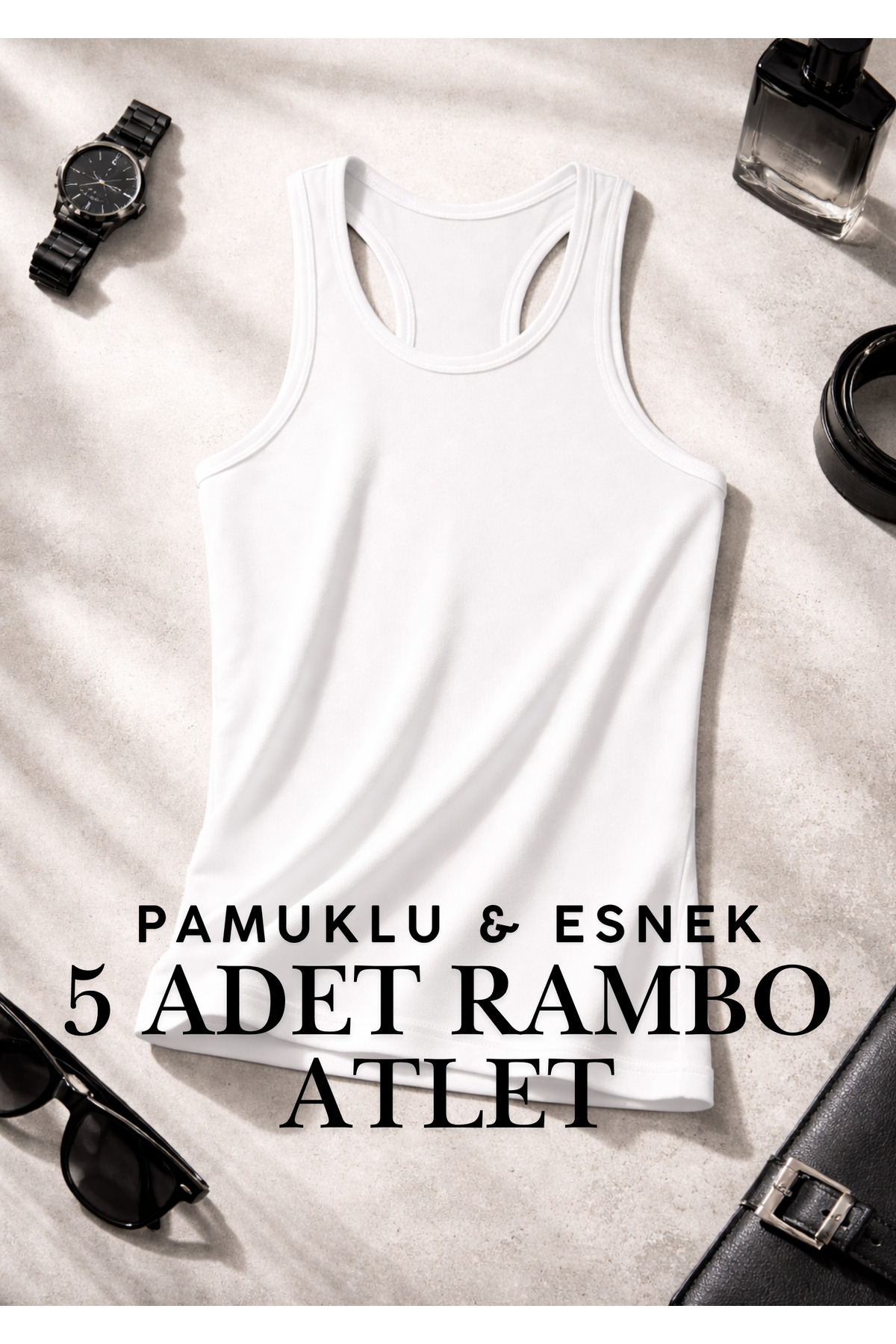 QKK Erkek 5'li Beyaz Likralı Pamuklu Rambo Atlet - Sporcu Kesim Premium Atlet