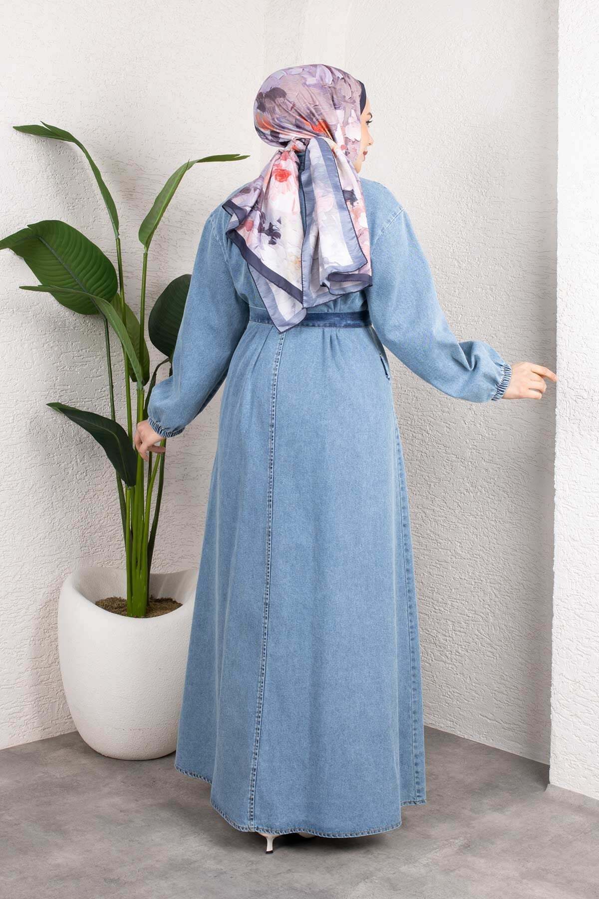 MİSSKAYLE Shirt Collar Belted Denim Dress – Long Hijab Jean Model Light Blue