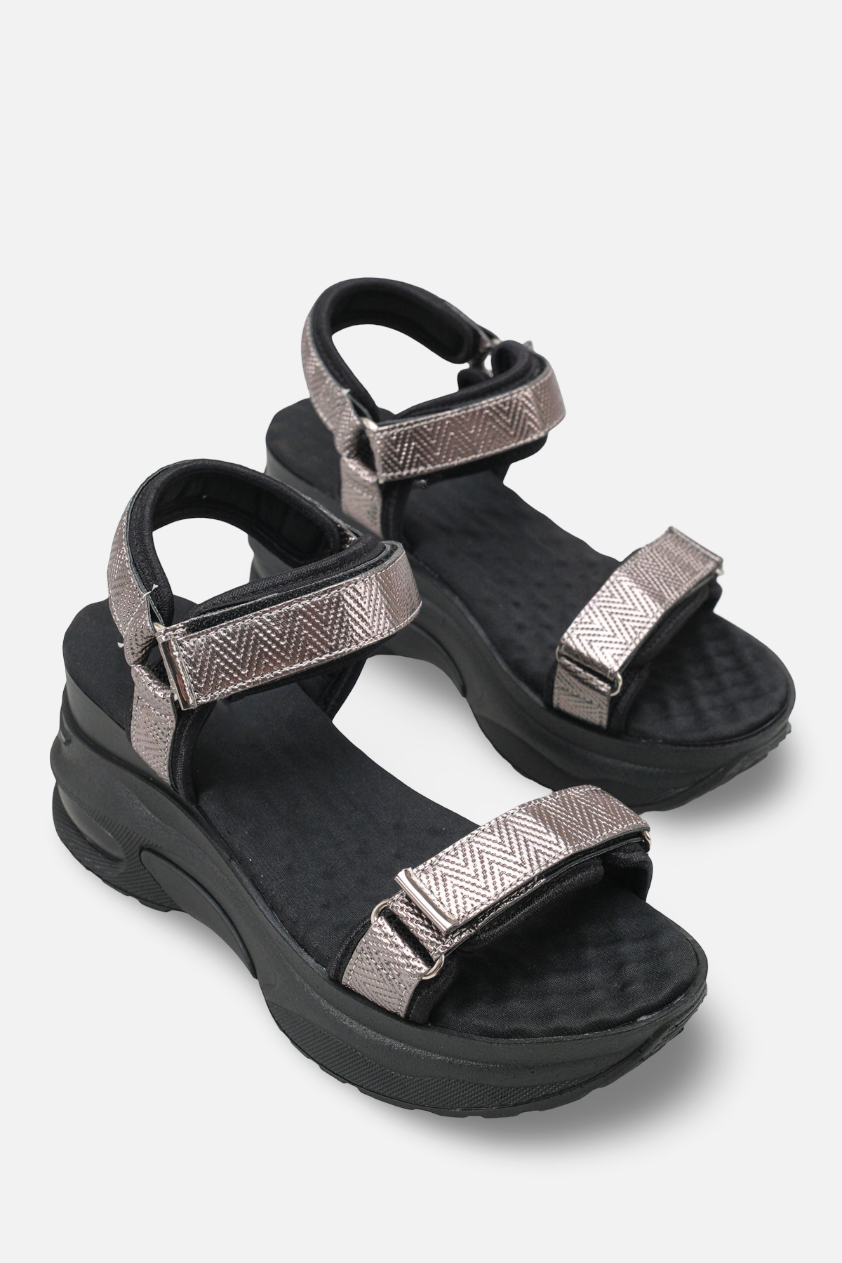 Women's Black Platinum Casual Orthopedic Sole Comfortable Ergonomic Lightweight Adjustable Velcro Sandals