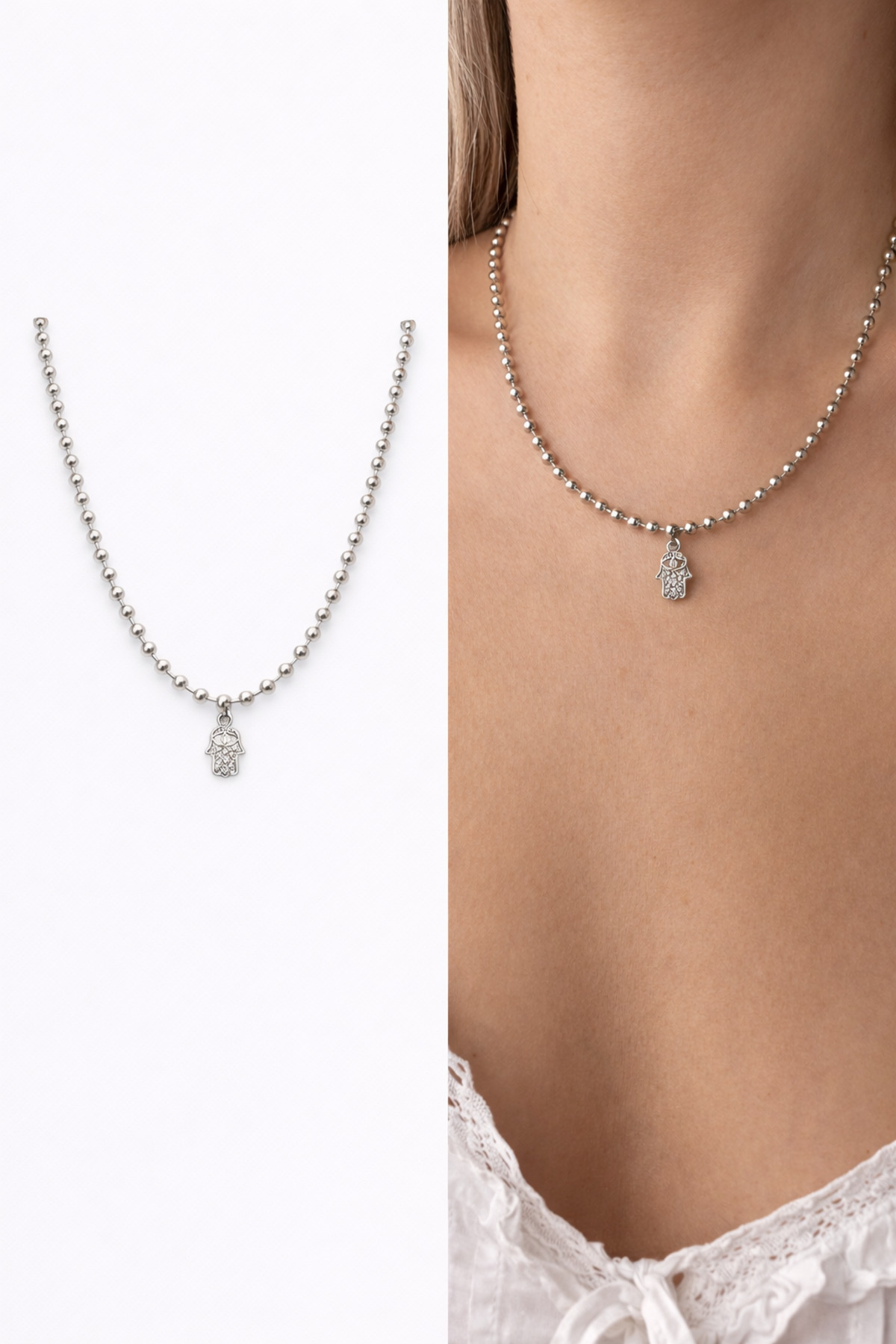 Hamsa Charm Kalın Top Detaylı Zincirli 45 Cm Kadın Kolye