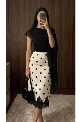 Mzr Collection KADIN SATEN BEYAZ PUANTİYELİ SİYAH DANTEL DETAYLI LASTİKLİ AST...