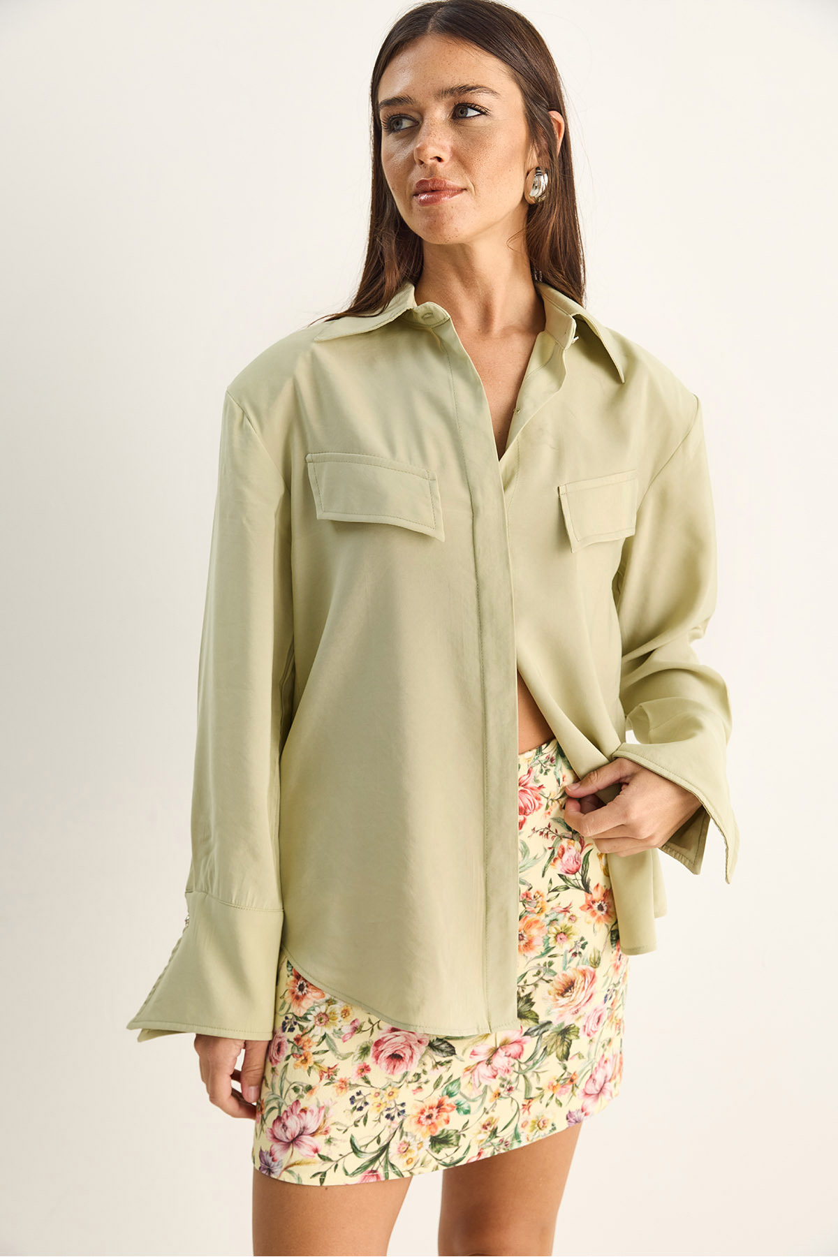 Women's Asymmetrical Wide Cuff Modal Shirt with Shoulder Cross Cover Detail 4206 60286105