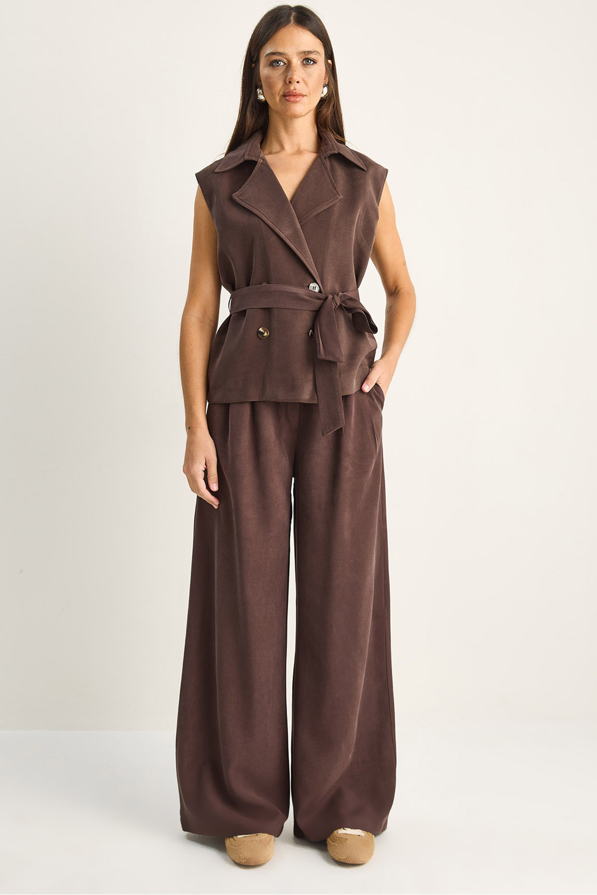 Women's Wrap Collar Classic Vest with Belt High Waist Palazzo Pants Modal Set 9418 60286159
