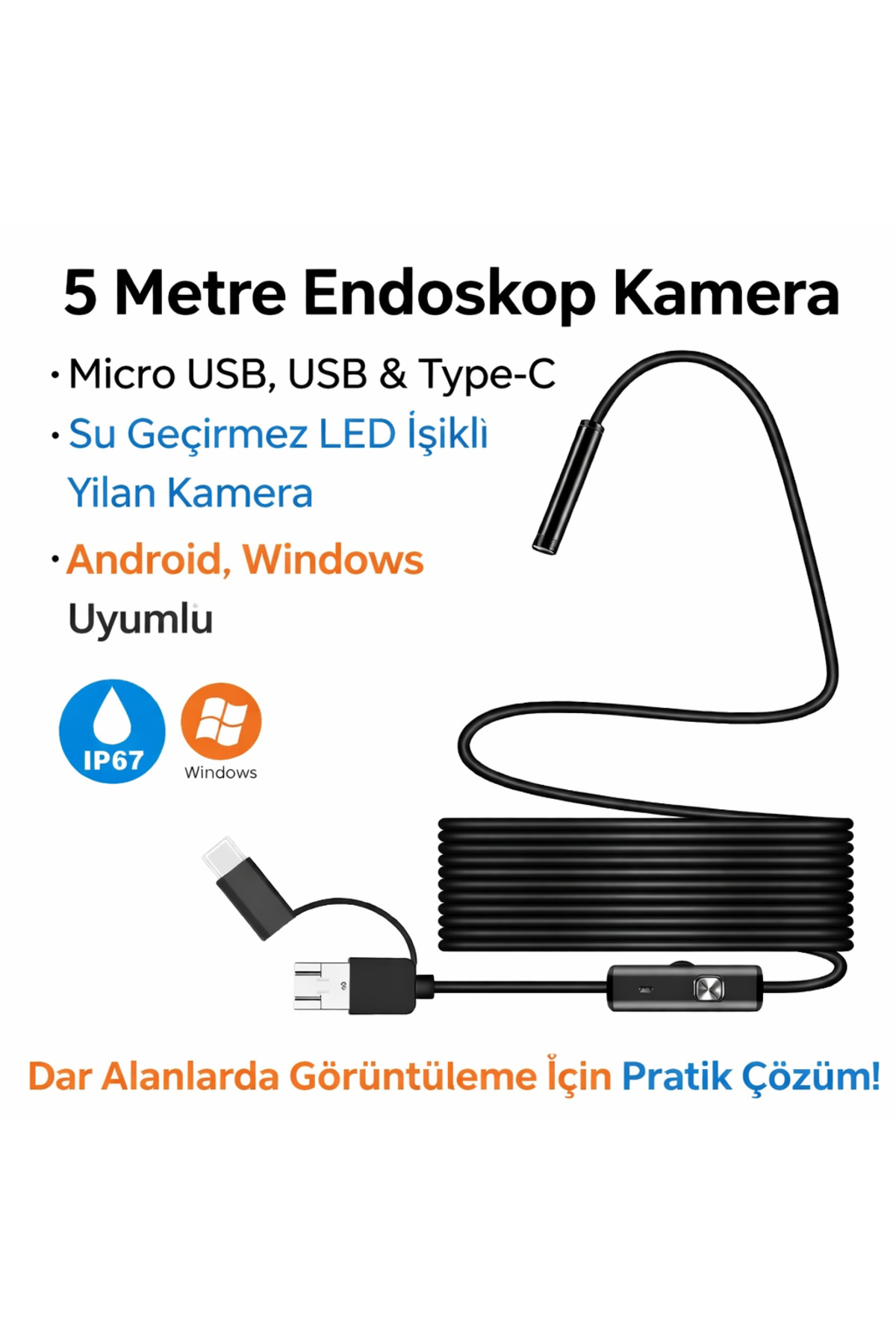electroawm 5 Metre Endoskop Kamera Su Geçirmez LED Işıklı Boroskop Yılan Kamera Android Uyumlu Micro+USB+Type-C