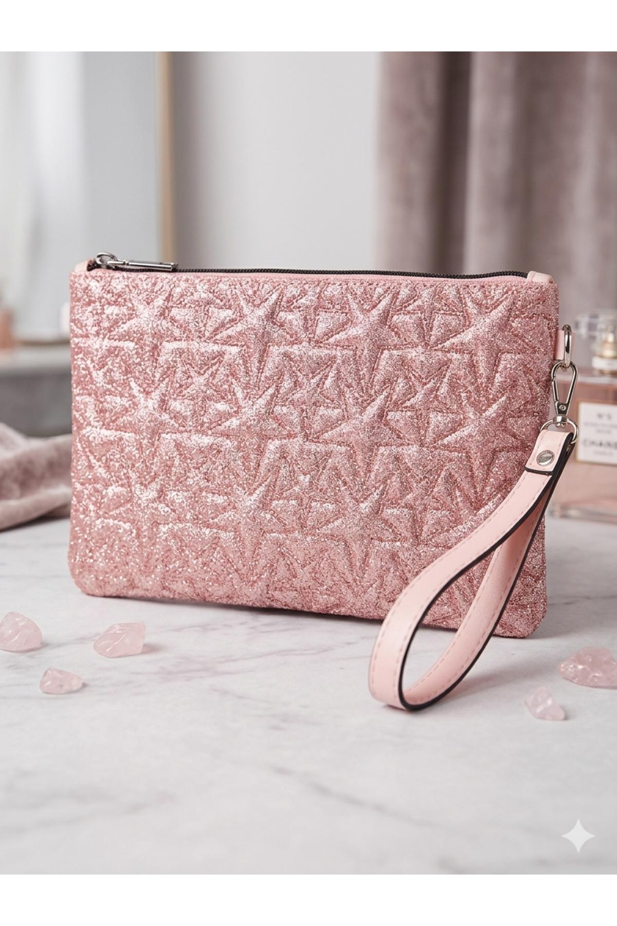 macsoo Yıldız Desenli Siyah Parlak Portföy & Clutch Çanta Çıkarılabilir Bileklik Askılı 30 x 19 cm