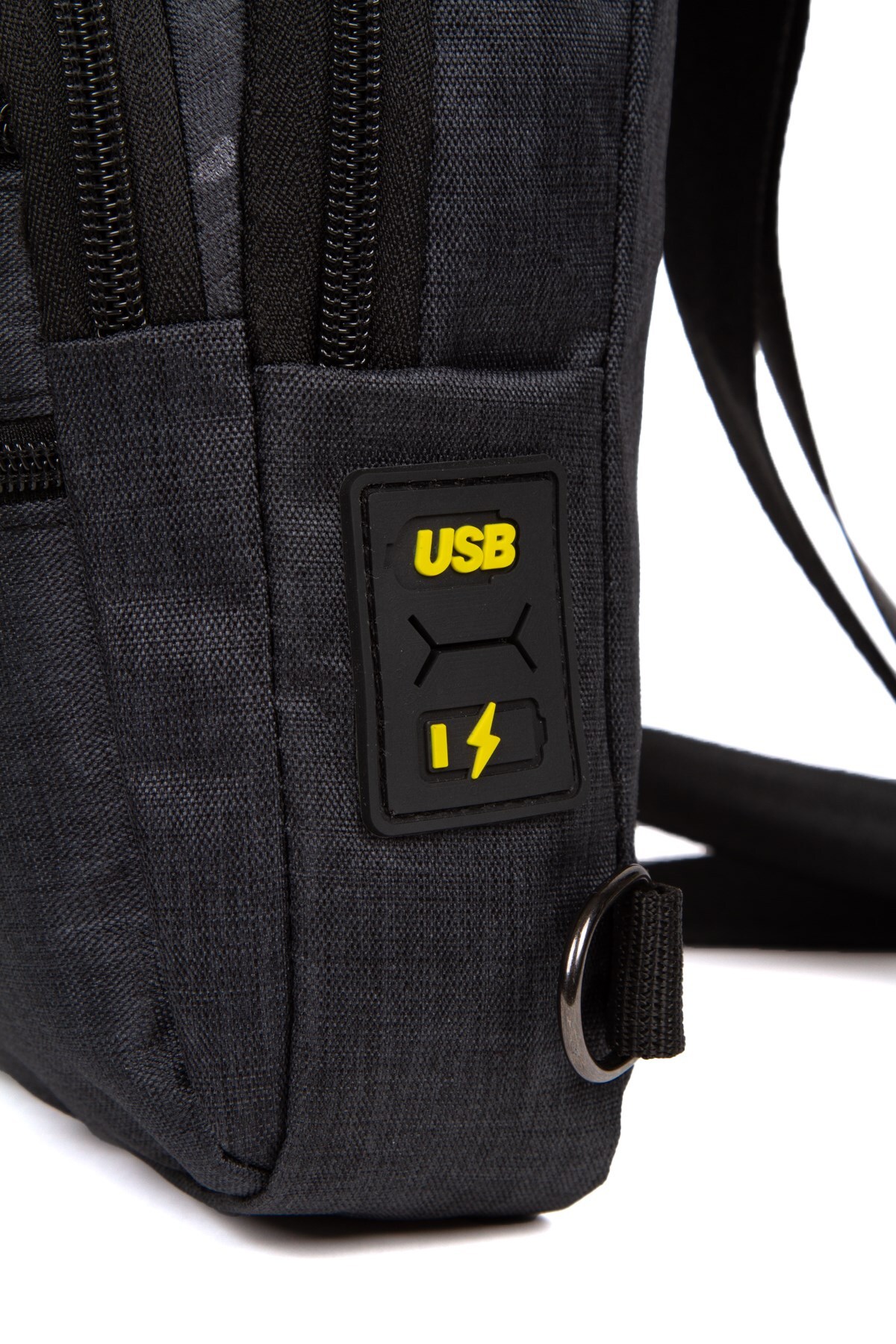 Eliza Kadın Keten Kumaş USB Kulaklık Çıkışlı Fermuarlı Göğüs ve Omuz Çantası - Siyah - Sarı görsel 5