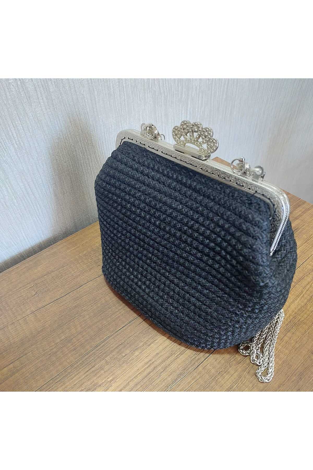 Vintage Gümüş Burslu El Örgüsü Siyah Omuz Çantası 4