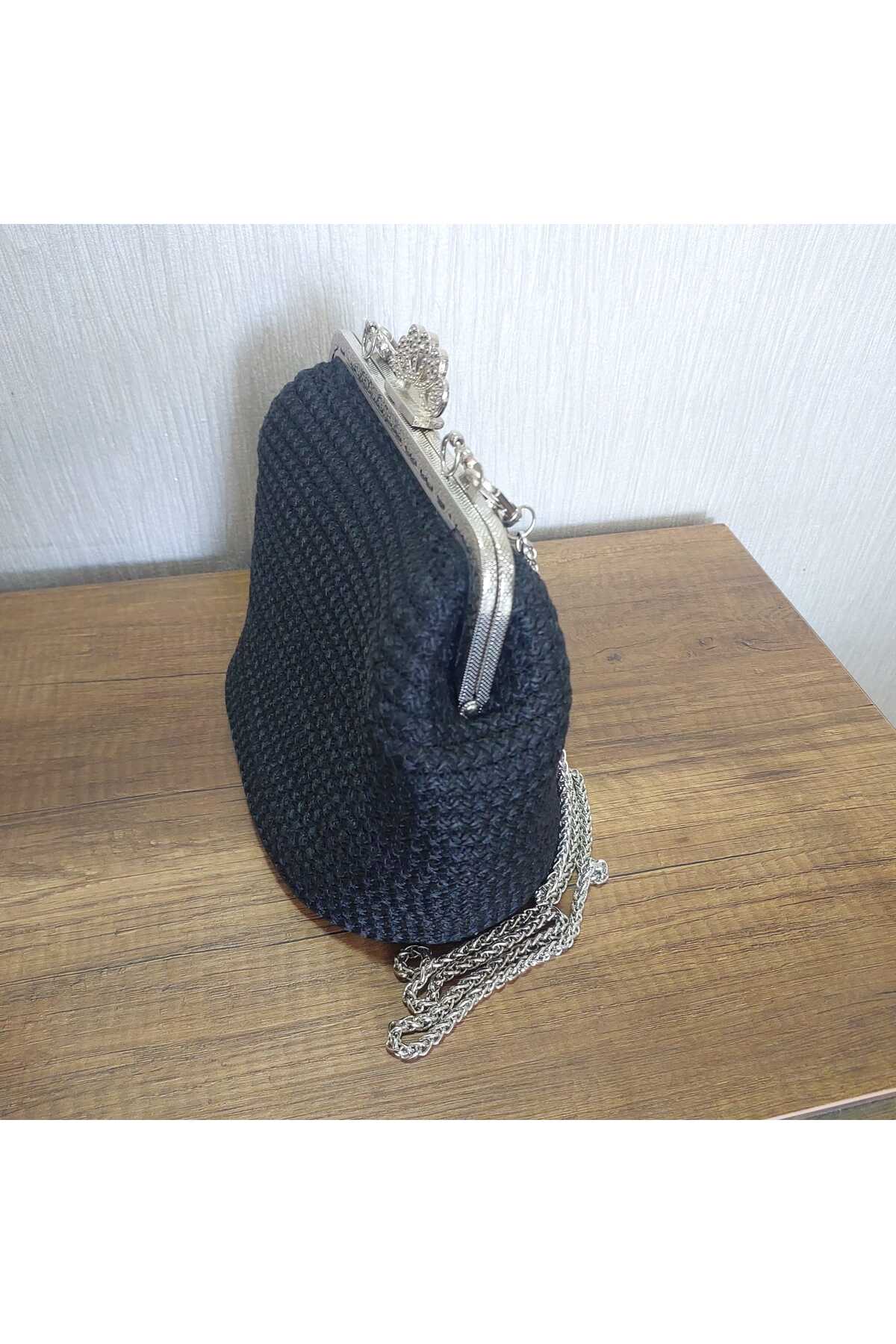 Vintage Gümüş Burslu El Örgüsü Siyah Omuz Çantası 3