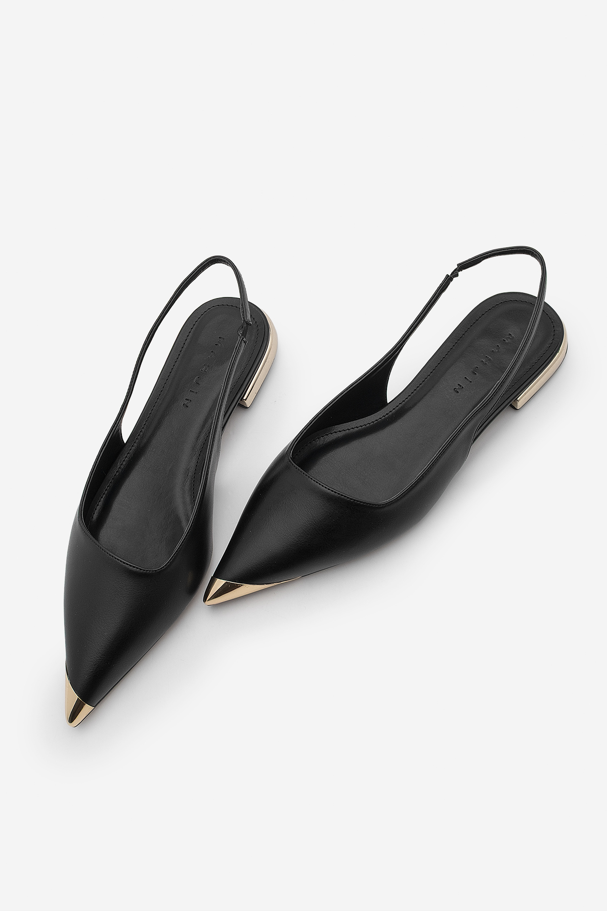 Women Pointed Nose Front Gold Detailed Back Light Gold Painting Heel Flat Ballet Douffe Black