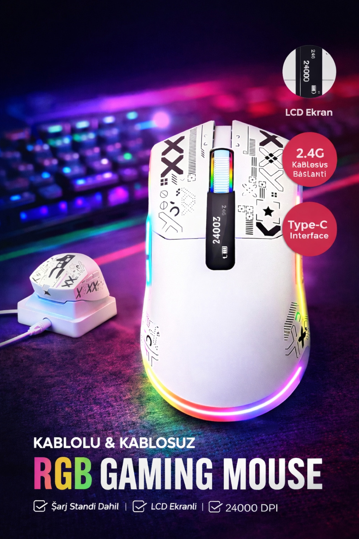 うずら GamerFinger XİRA 24000 DPI RGB Gaming Mouse | Kablosuz + Bluetooth + Kablolu