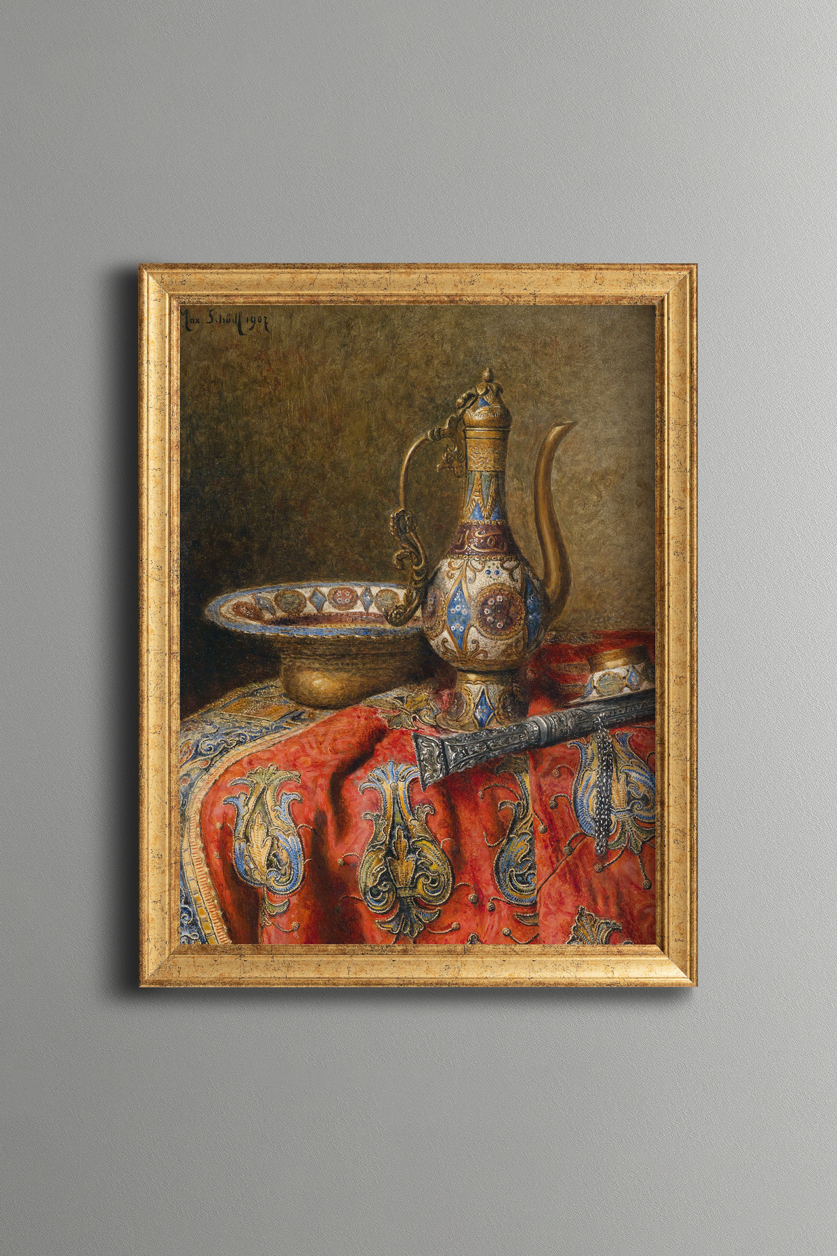 Ottoman Embroidered Copper Pitcher Still Life - Vintage Patterned Frame - Slim Model