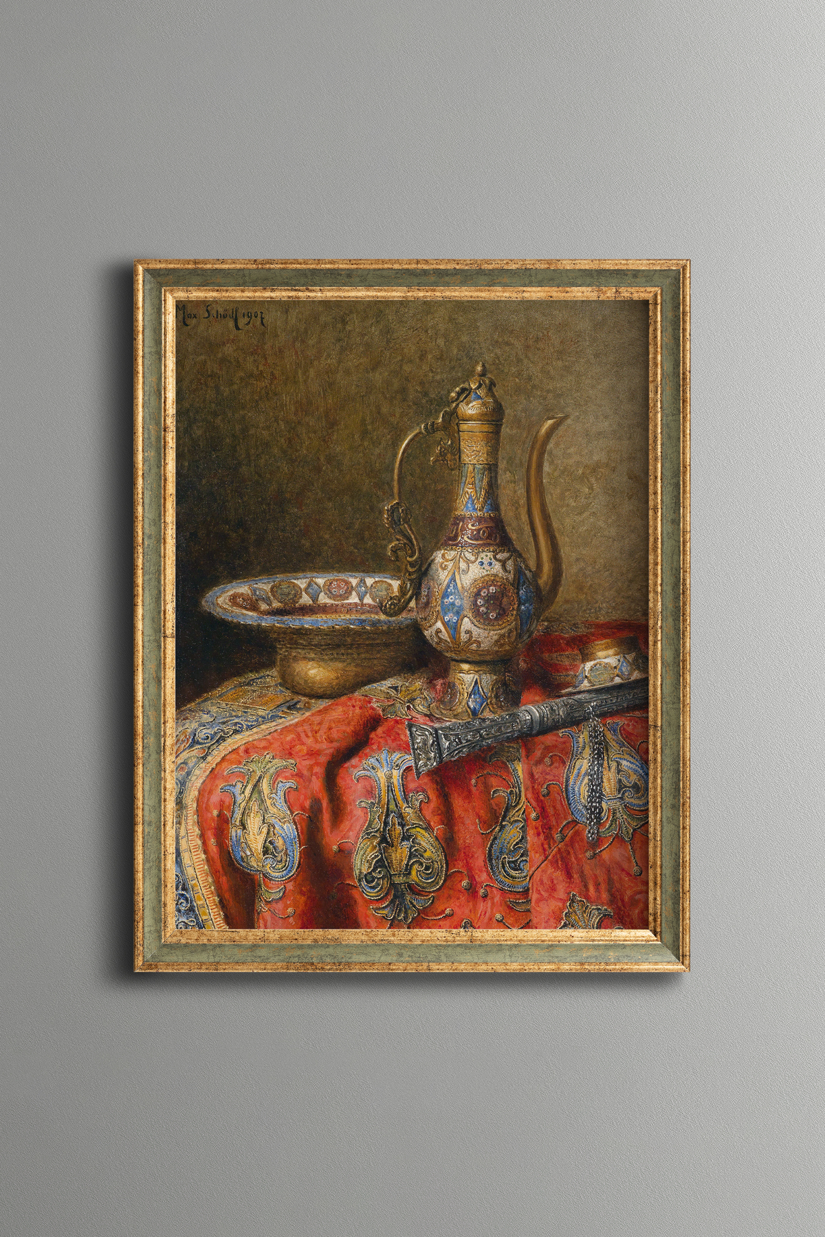 Ottoman Embroidered Copper Pitcher Still Life - Vintage Patterned Frame - Slim Model