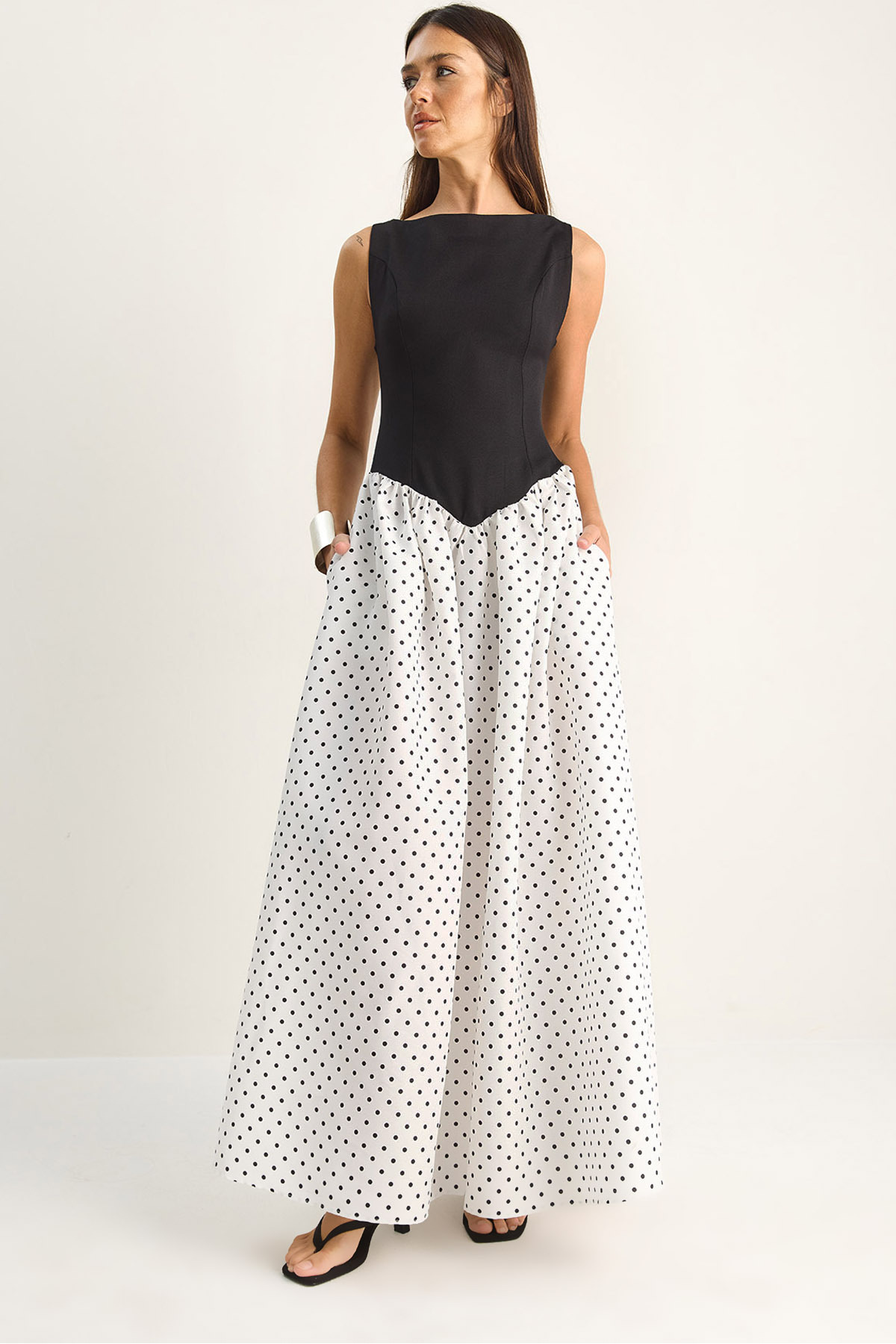 Bianco Lucci Kadın Belden Oturtmalı Puantiyeli Cep Detaylı Maxi Elbise 8707 60286183