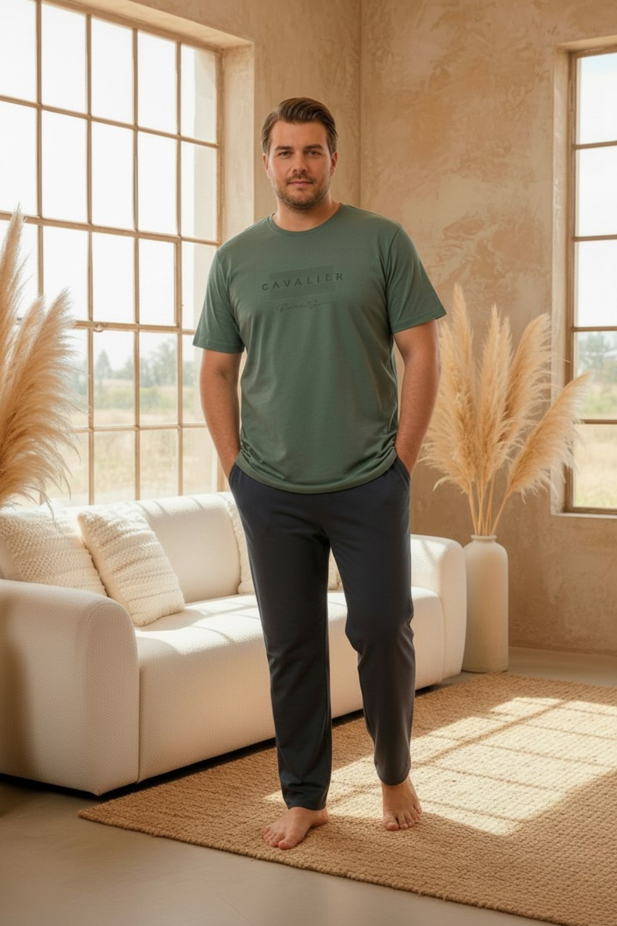 100% Cotton Short Sleeve Pocket Plus Size Men's Pajamas Set 2045