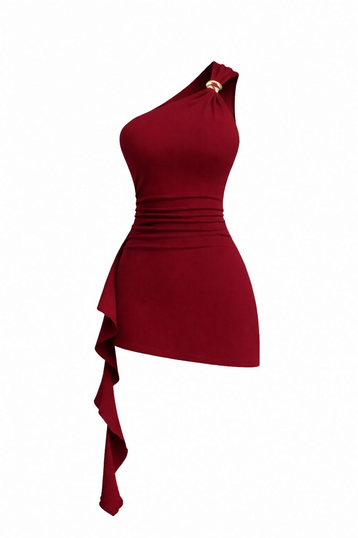 Accessory Detailed One Shoulder Draped Belted Rallying Mold Asymmetrical Mini Dress
