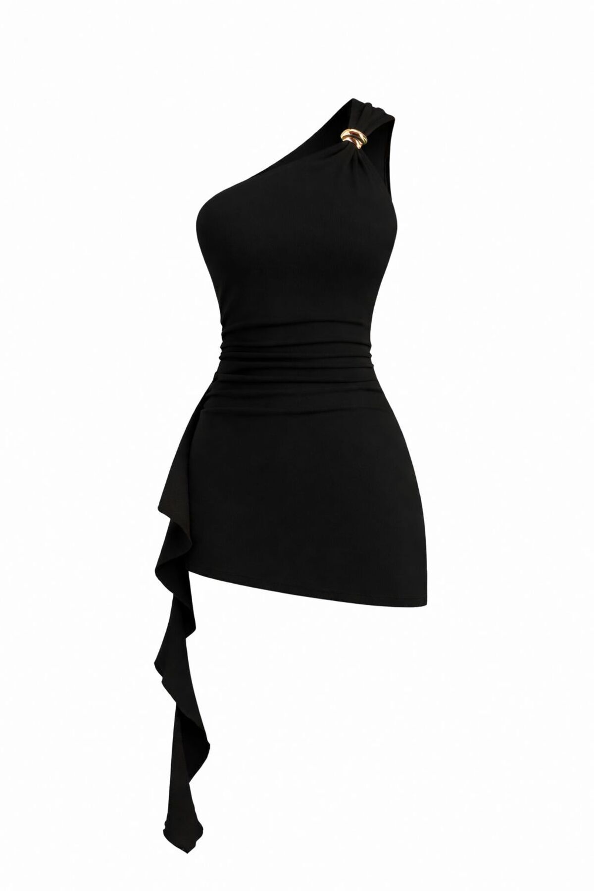 Accessory Detailed One Shoulder Draped Belted Rallying Mold Asymmetrical Mini Dress