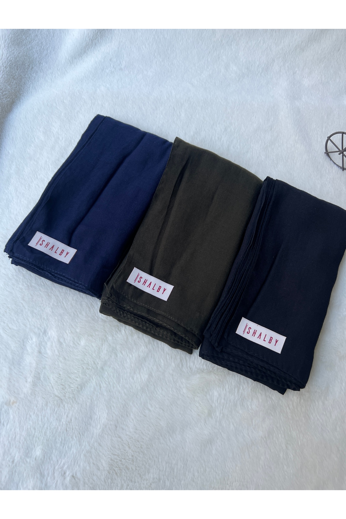 Hijab Plain Cotton Crash Shawl 3-Piece Set ( Dark Navy-Dark Khaki -Black )