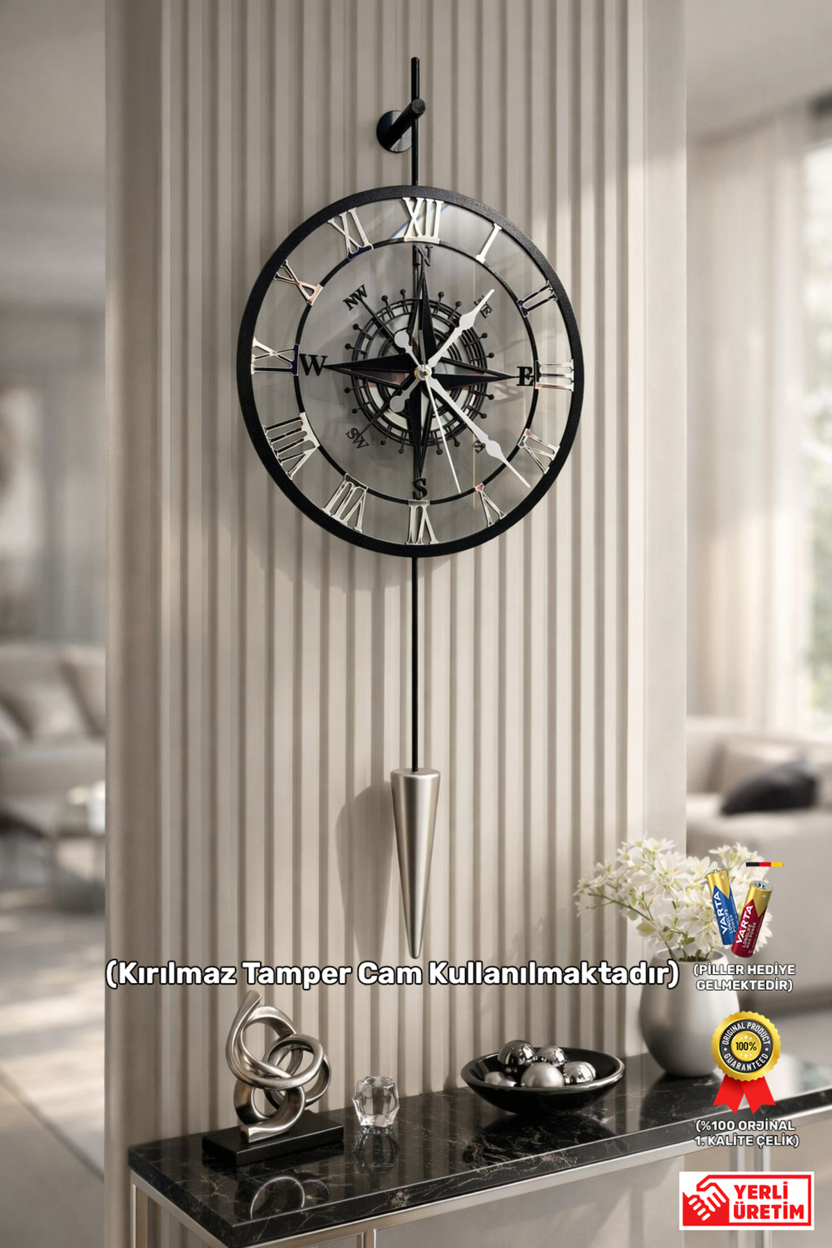 Vivens Pendulum Compass Pattern Black/Silver Silent Glass Metal Wall Clock - Decorative Wall Clock - 33x85
