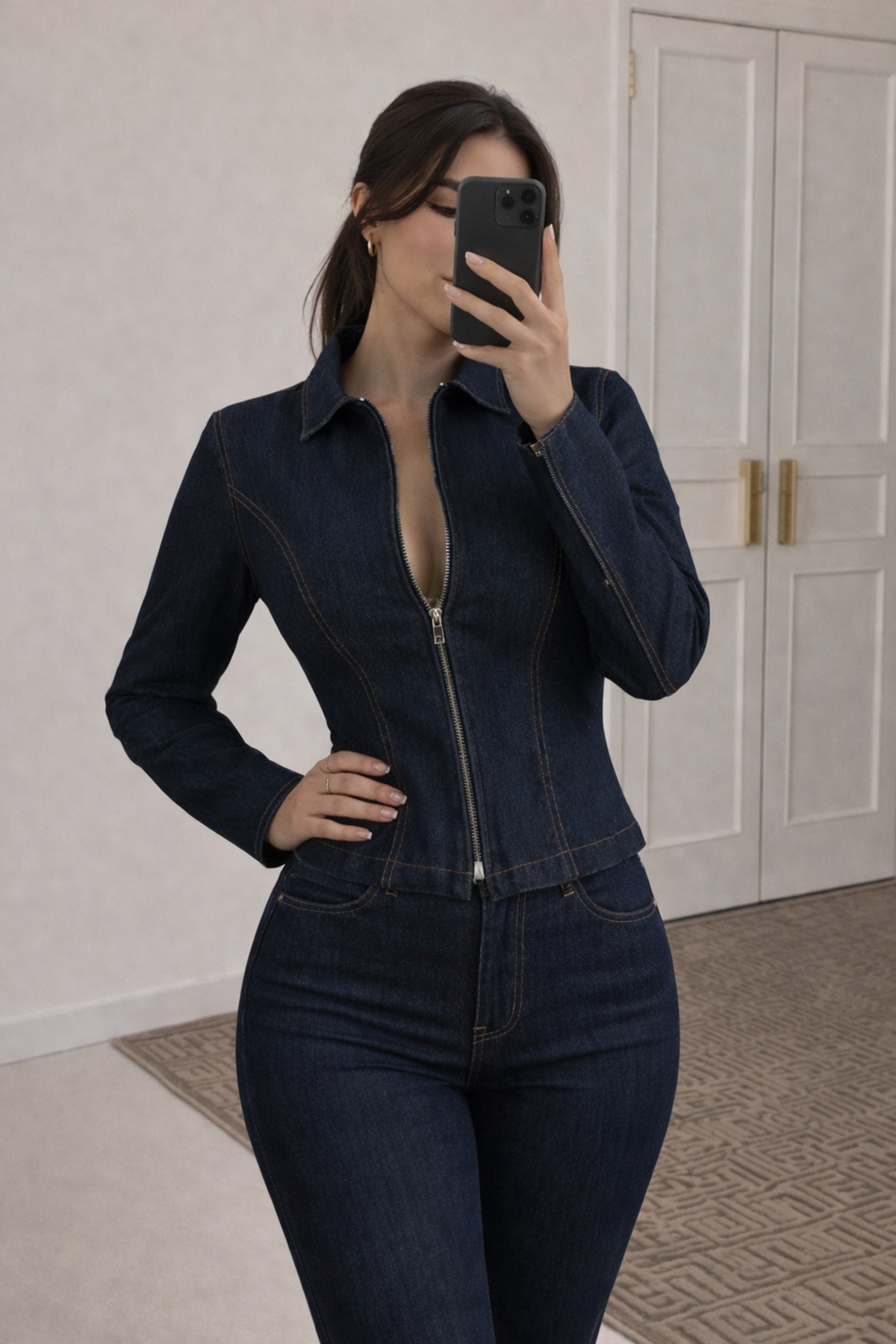 Ekim Store Navy Blue Zippered Jacket Pants Denim Set- Trendyol
