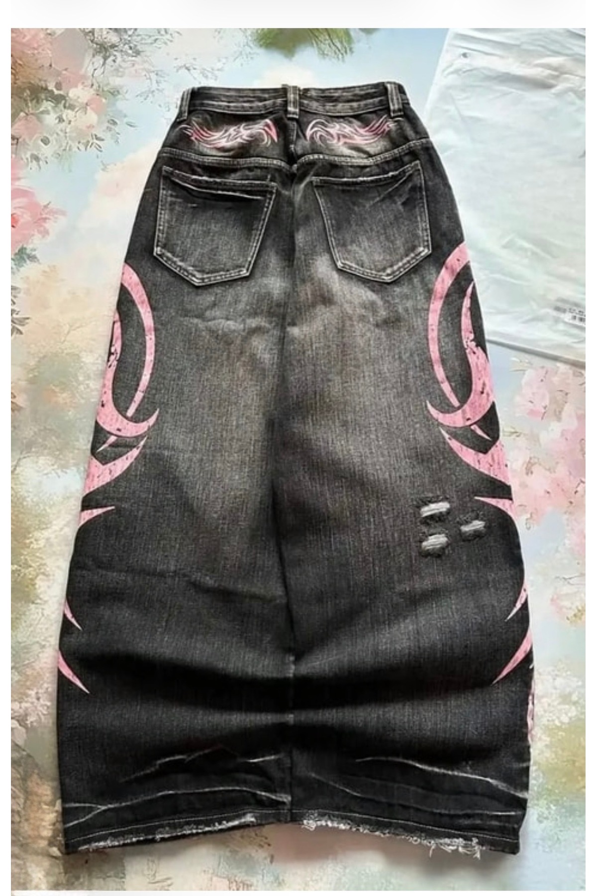 Yıkamalı Grunge Pembe Tribal Baskılı Harajuku Unisex Baggy Pantolon — مشکی Popgiyimhgfghjjj — تصویر 2 از 4