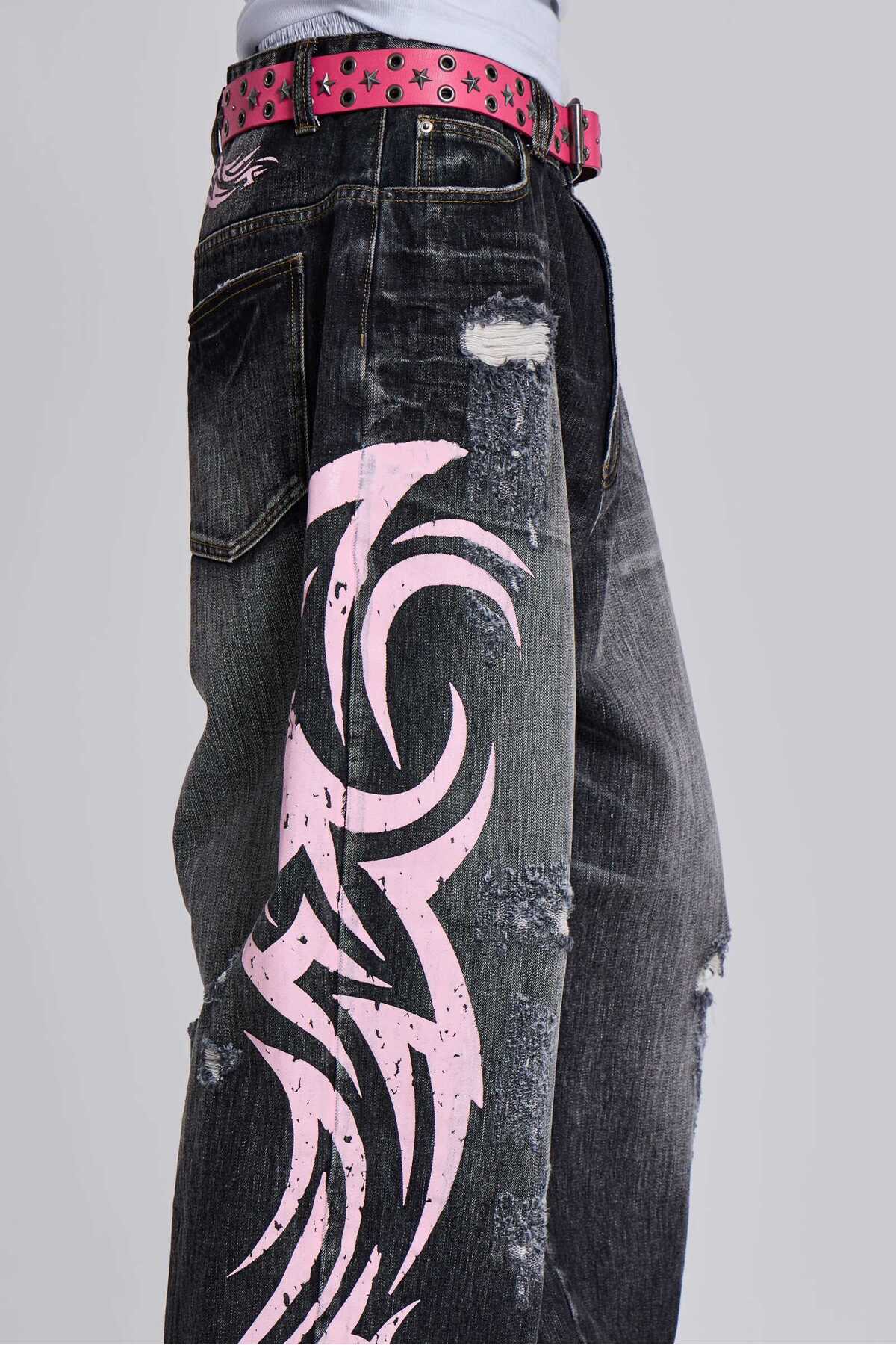 Yıkamalı Grunge Pembe Tribal Baskılı Harajuku Unisex Baggy Pantolon — مشکی Popgiyimhgfghjjj — تصویر 4 از 4