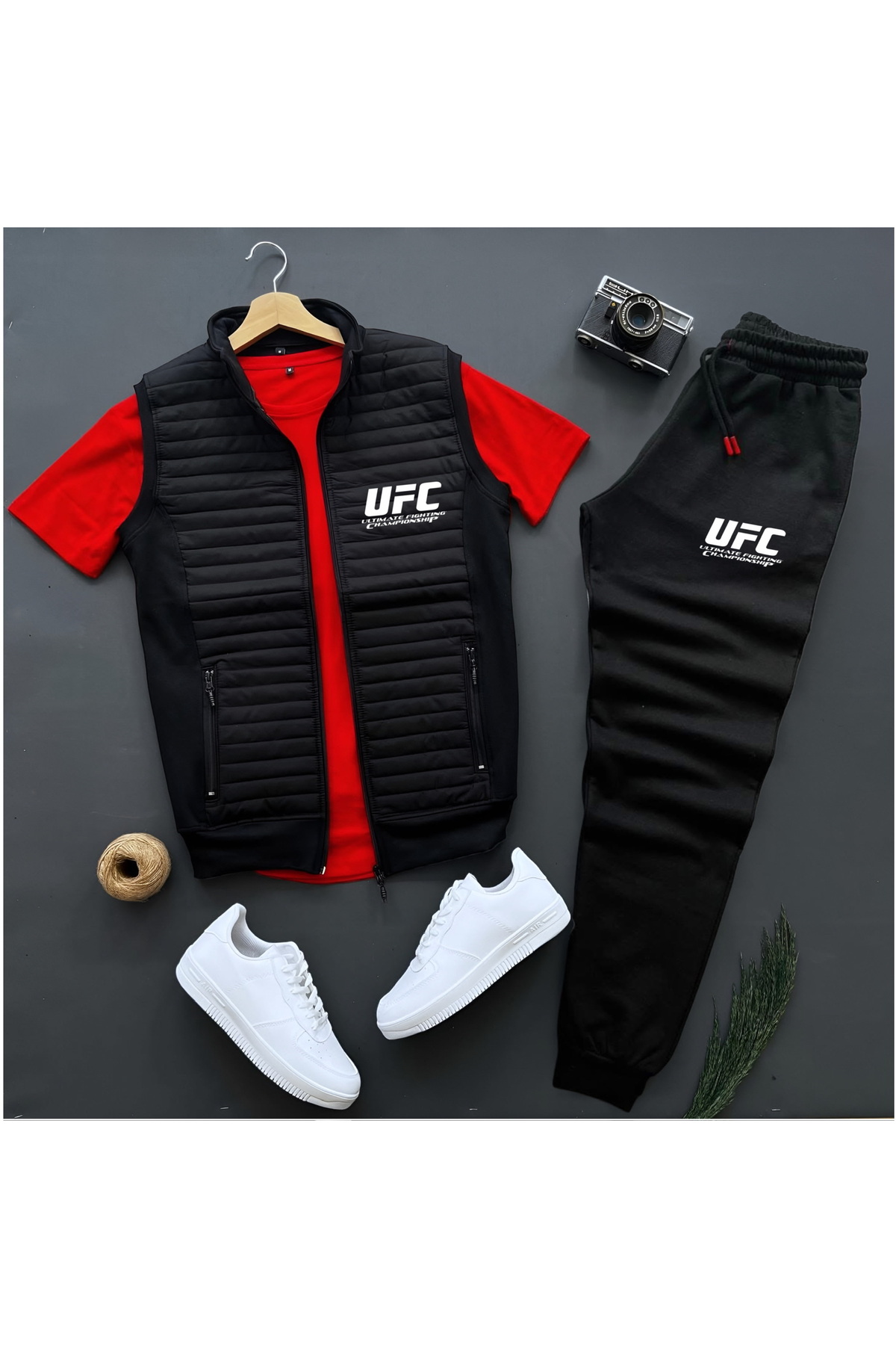 New Season Basic UFC Printed Quilted Vest -Summer Sweatpants -T-Shirt 3pcs Bottom Top Set