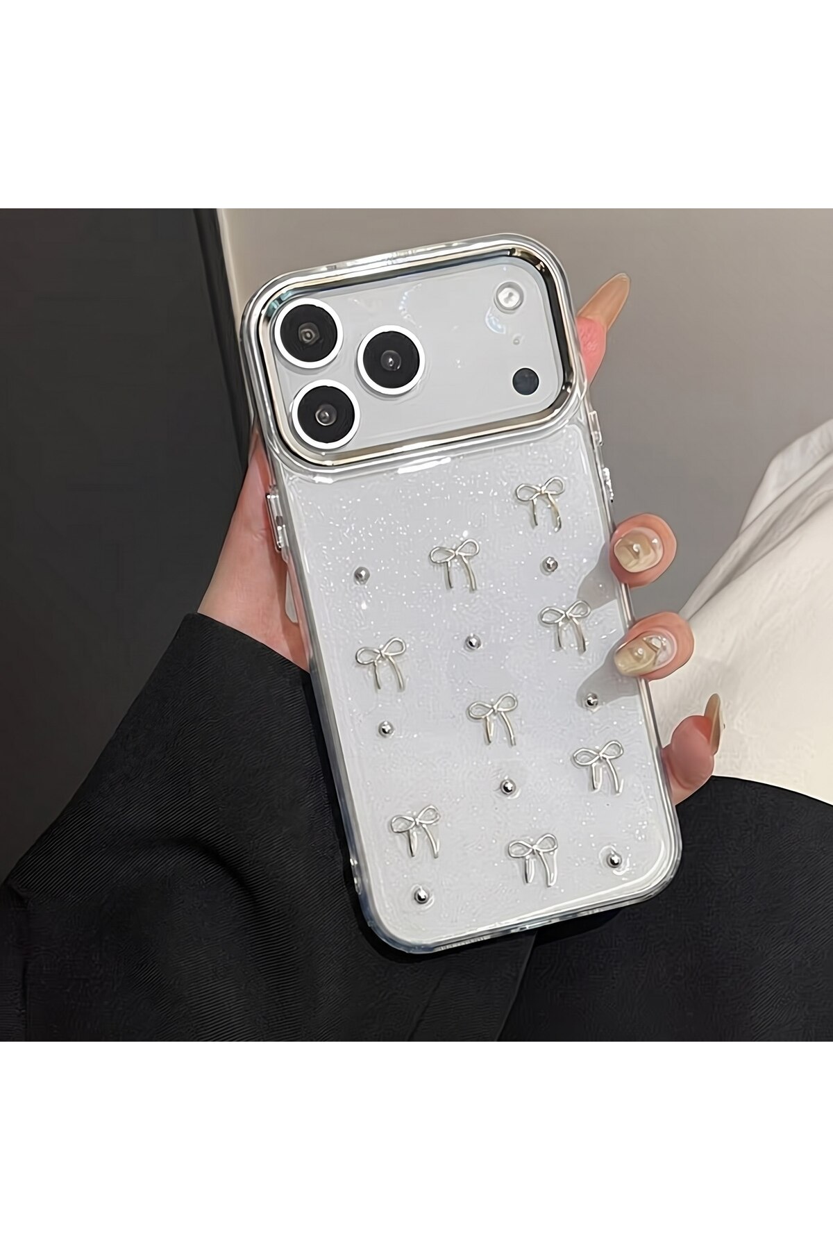 iPhone 17 Pro Max Compatible Bow Pattern Transparent Case Glitter Shockproof Cover