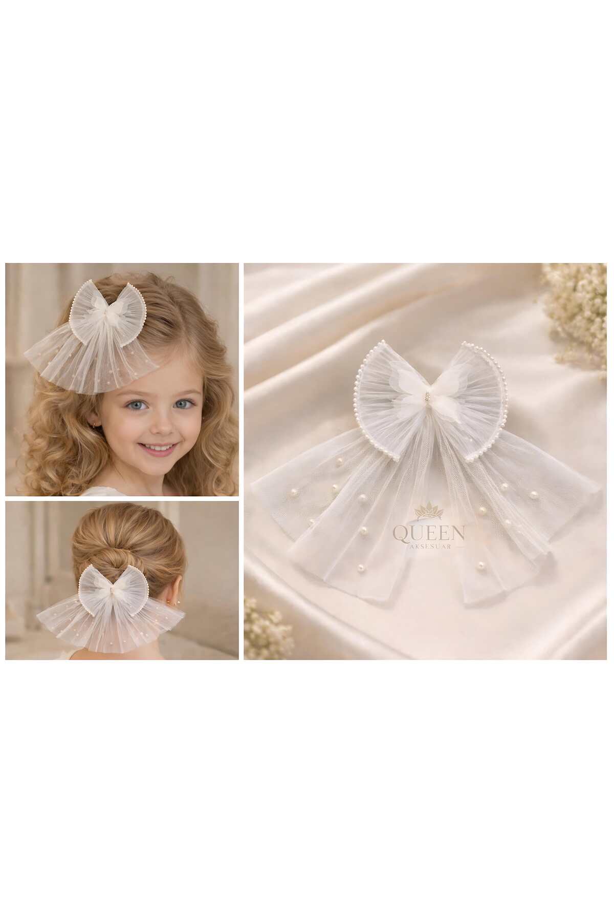 Luxury Design Stone Butterfly Fancy Pearl Tulle Bowknot Pendant Ribbon Metal Clip Kids Buckle Cream White