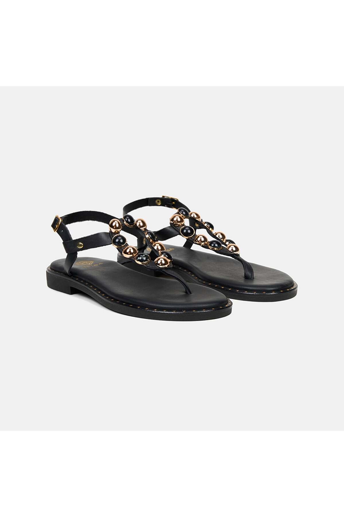 Women's Leather Flip-Flops with Black Beads Accessory