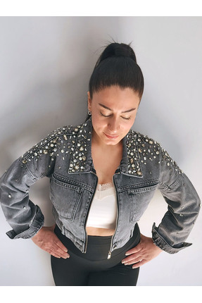 RENGARENG Kadın Tasarım Denim Ceket Taş ve İşleme Detaylı Gri Crop Kalıp Kot ...