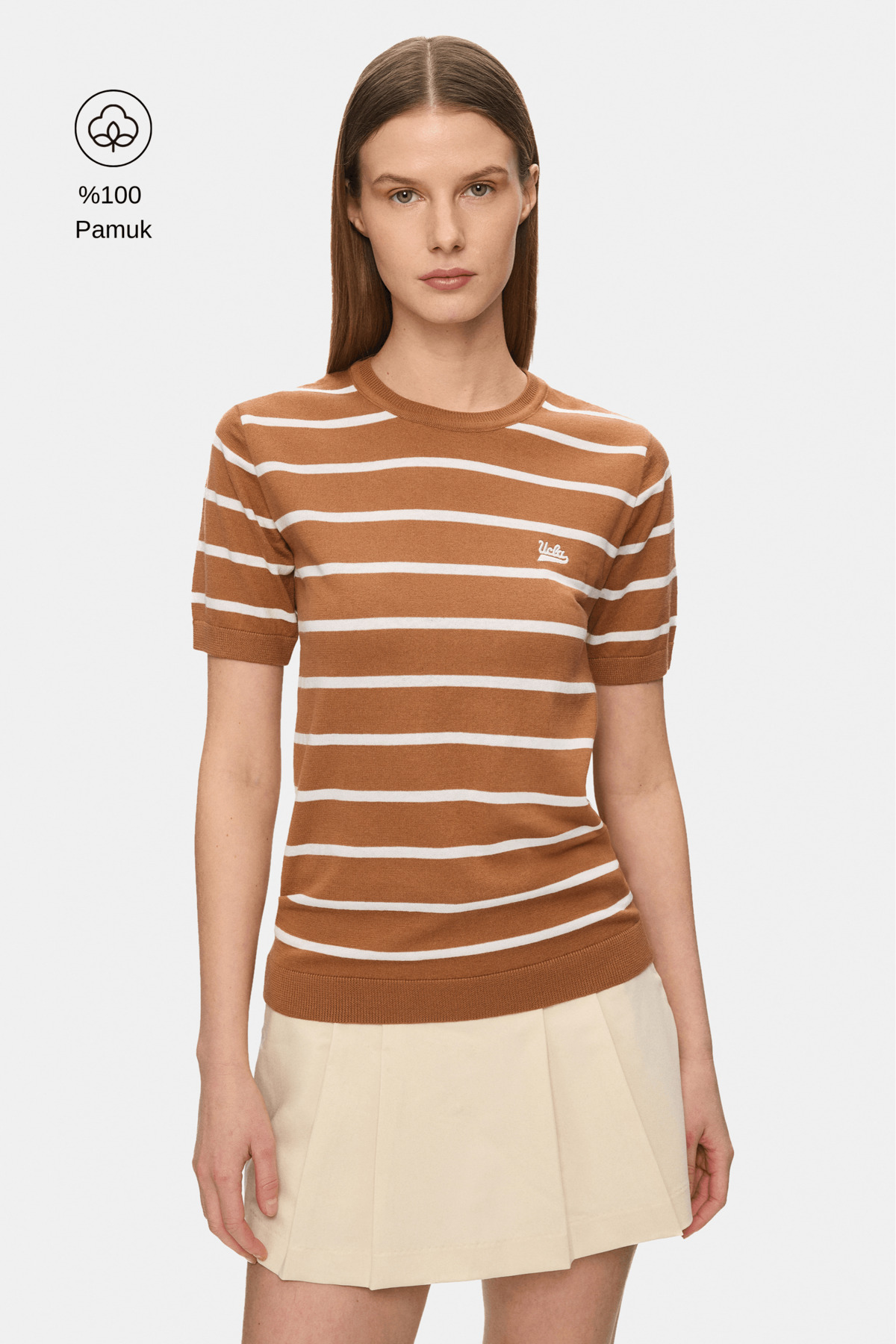 UCLA MISHA Kahve Çizgili Bisiklet Yaka Triko Nakışlı %100 Pamuk Standard Fit Kadın Tshirt görsel 2