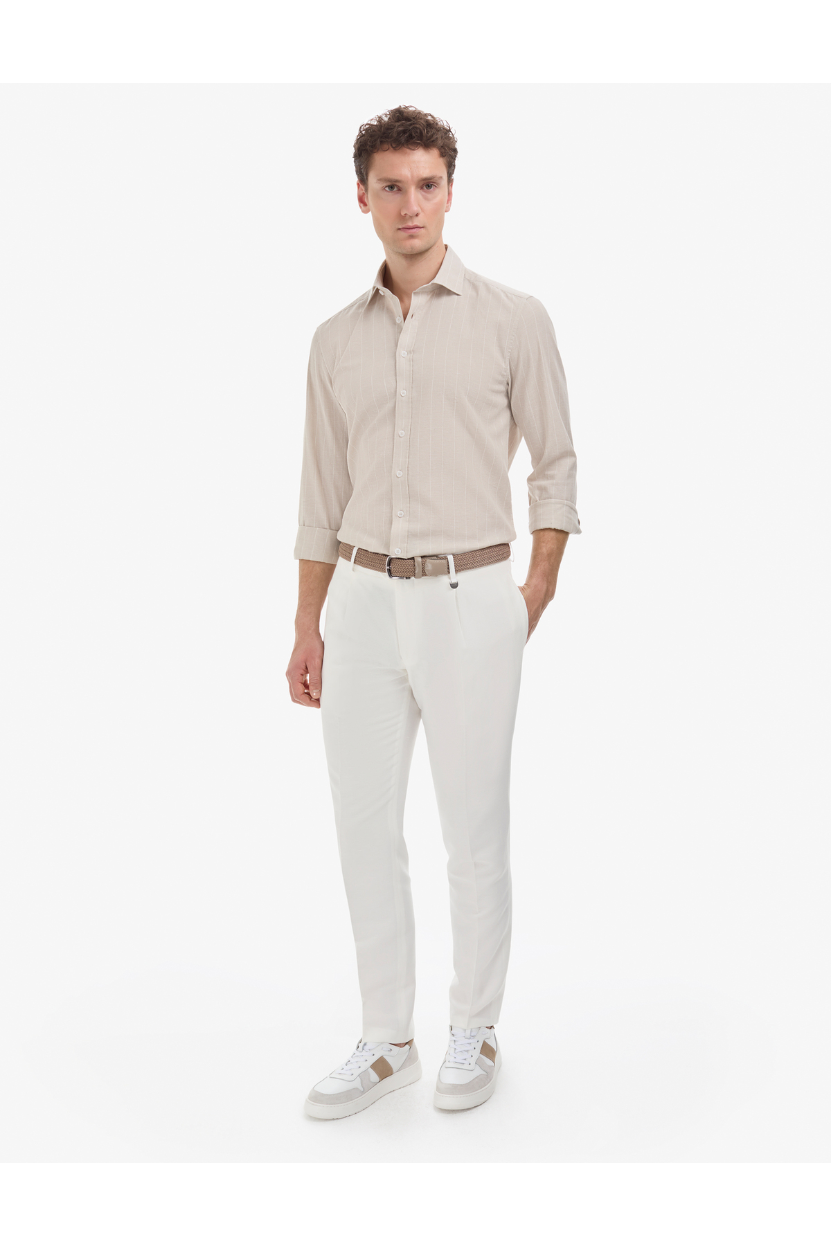 شلوار پلیسه دار کتانی سفید اسلیم فیت مدل 50325165-VR019 پیر کاردین شلوار Pierre Cardin