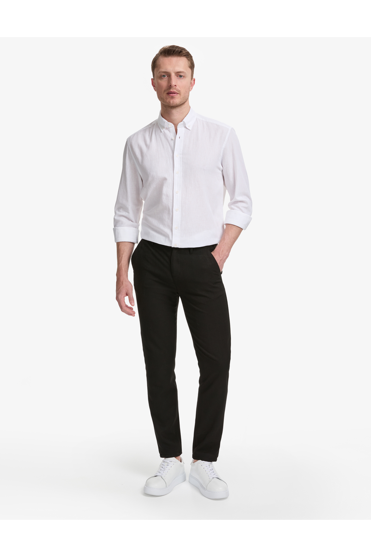 شلوار برزنتی مشکی اسلیم فیت با کمر کشی ۵۰۳۲۰۸۲۲-VR۰۴۶ پیر کاردین شلوار Pierre Cardin
