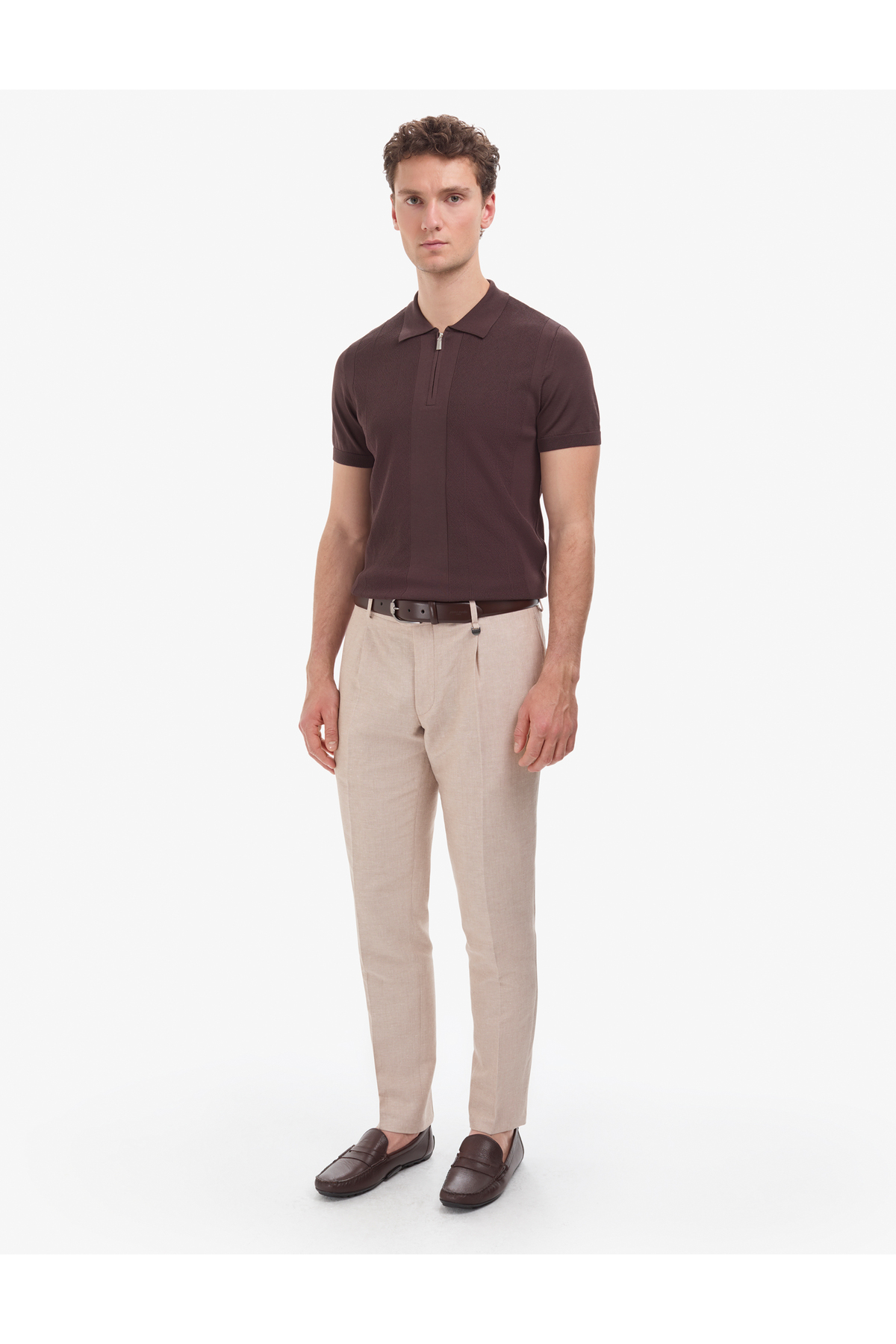 شلوار پلیسه دار کتانی قهوه ای روشن اسلیم فیت 50325165-VR002 پیر کاردین شلوار Pierre Cardin