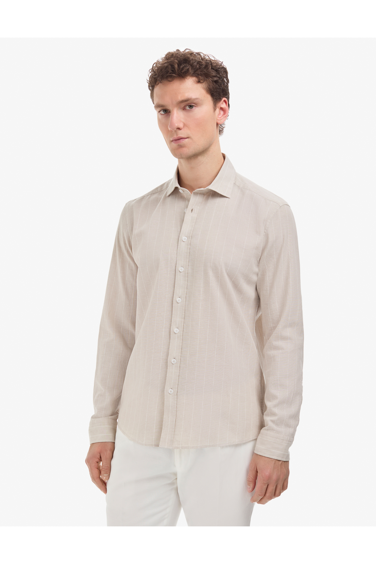 Pierre Cardin Bej Keten Karışımlı Regular Fit Çizgili Kısa Kollu Gömlek 50325330-VR011 görsel 3