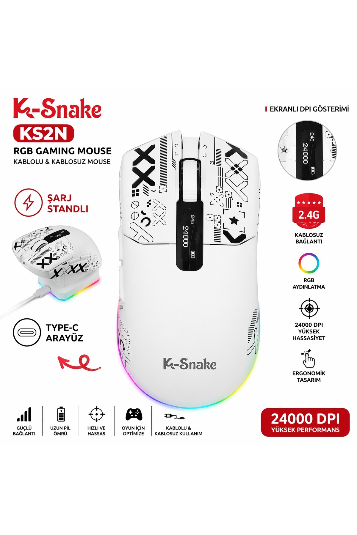 RGB Gaming Mouse 24000 dpi Wireless 2.4G Bluetooth Type-C Rechargeable Gaming Mouse