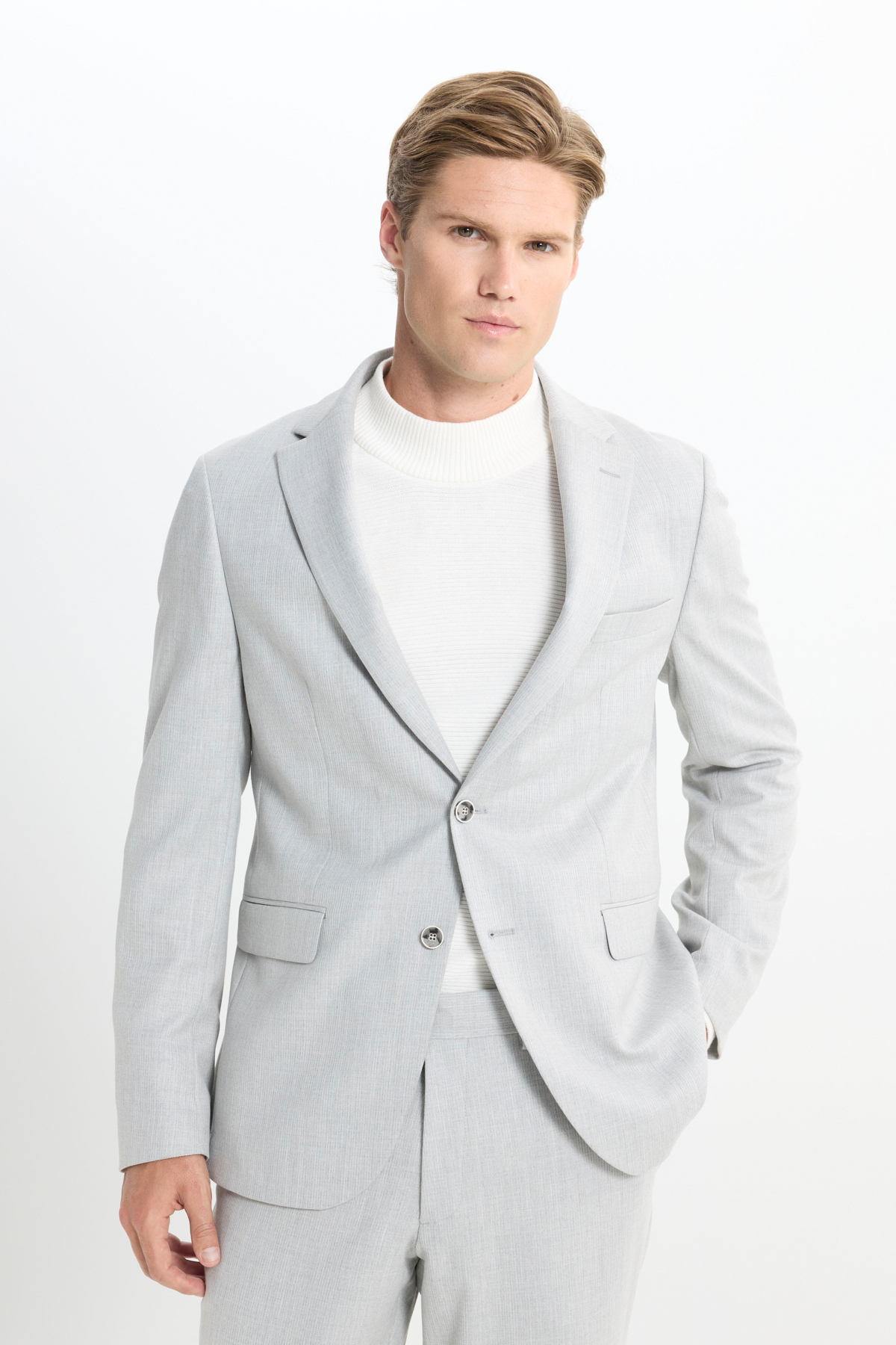 Altınyıldız Classics Men's Light Gray Slim Fit Mono Collar Striped Suit with Flap Pockets