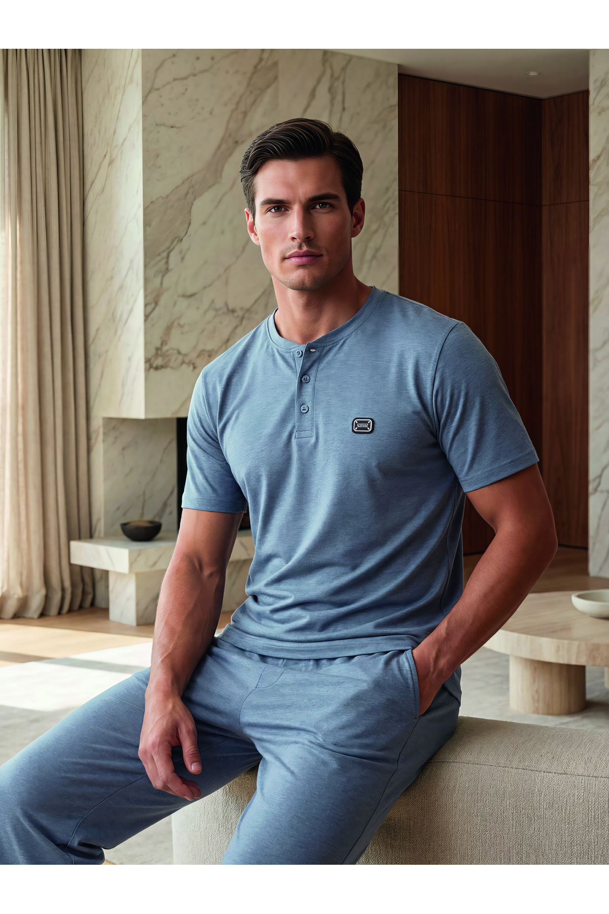 Combed Cotton Knitted Men's Patented Badge Pajamas Set