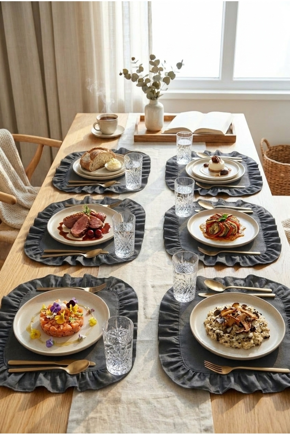 Cotton Frilly Square Underplate 6-Piece Set American Service 33 Cm Underplate Gray