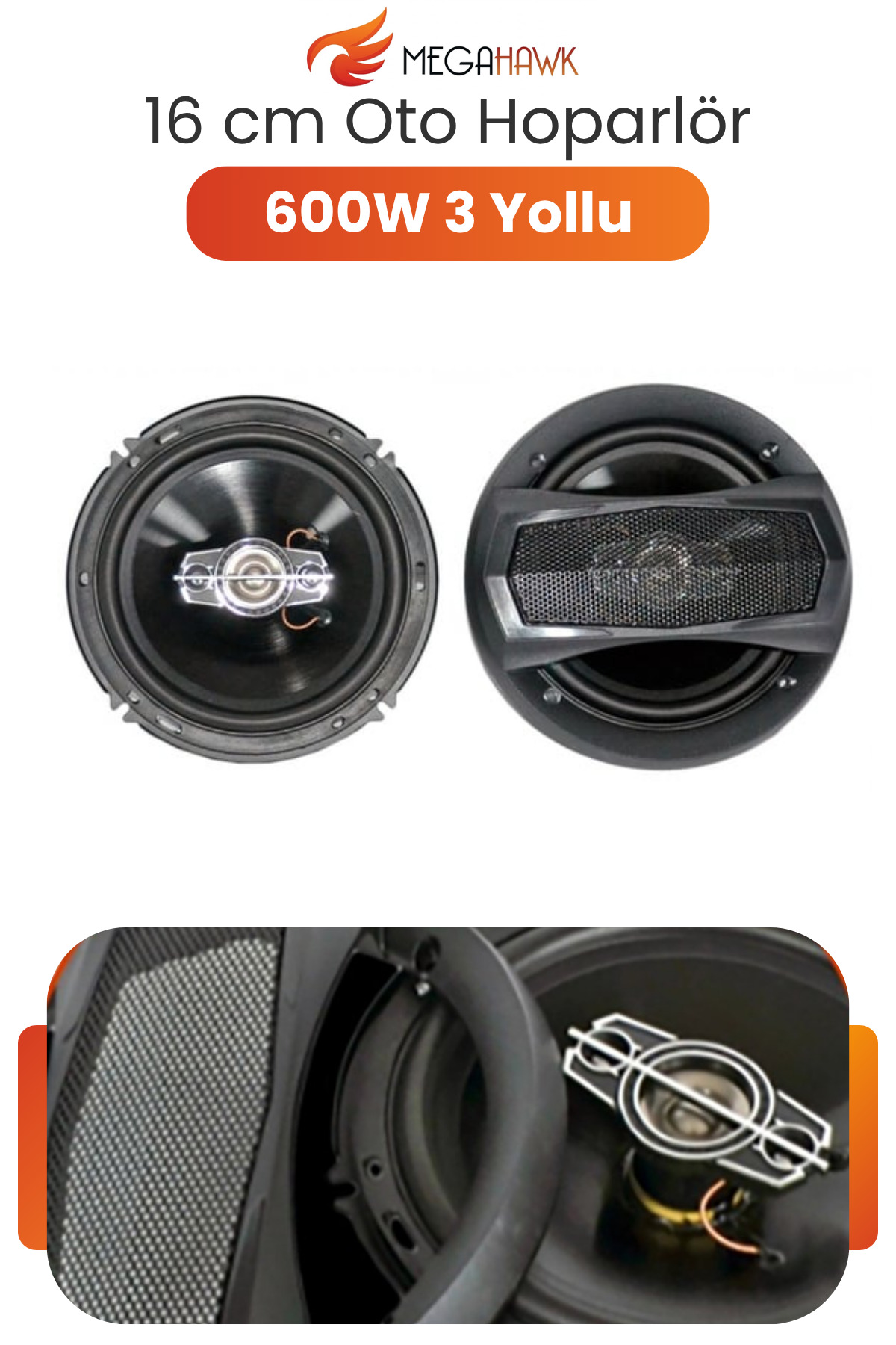 しお/3 MEGAHAWK 16 cm Oto Hoparlör 600W 3 Yollu Araç İçi Kapı Hoparlörü