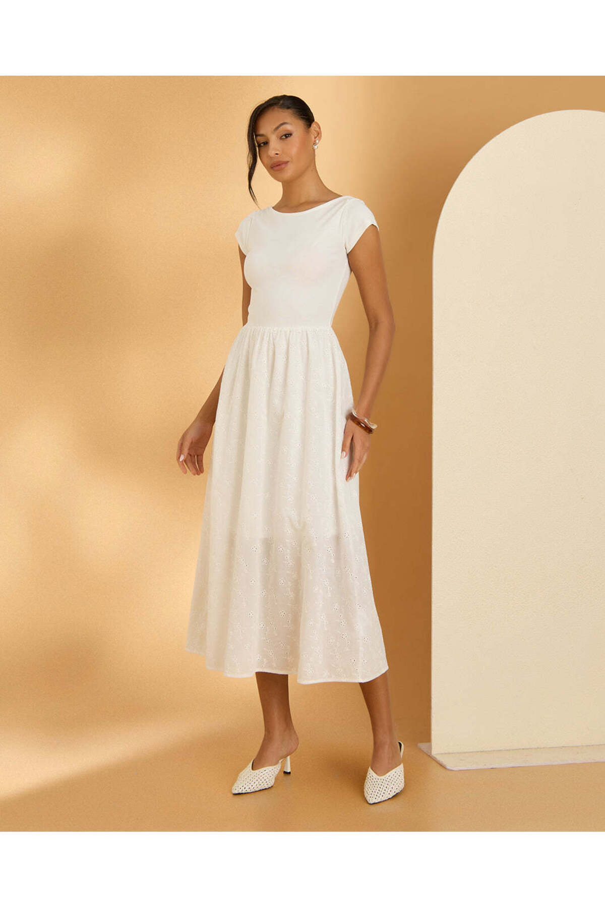 REDTAG Women Ivory Knit And Schiffly Midi Dress