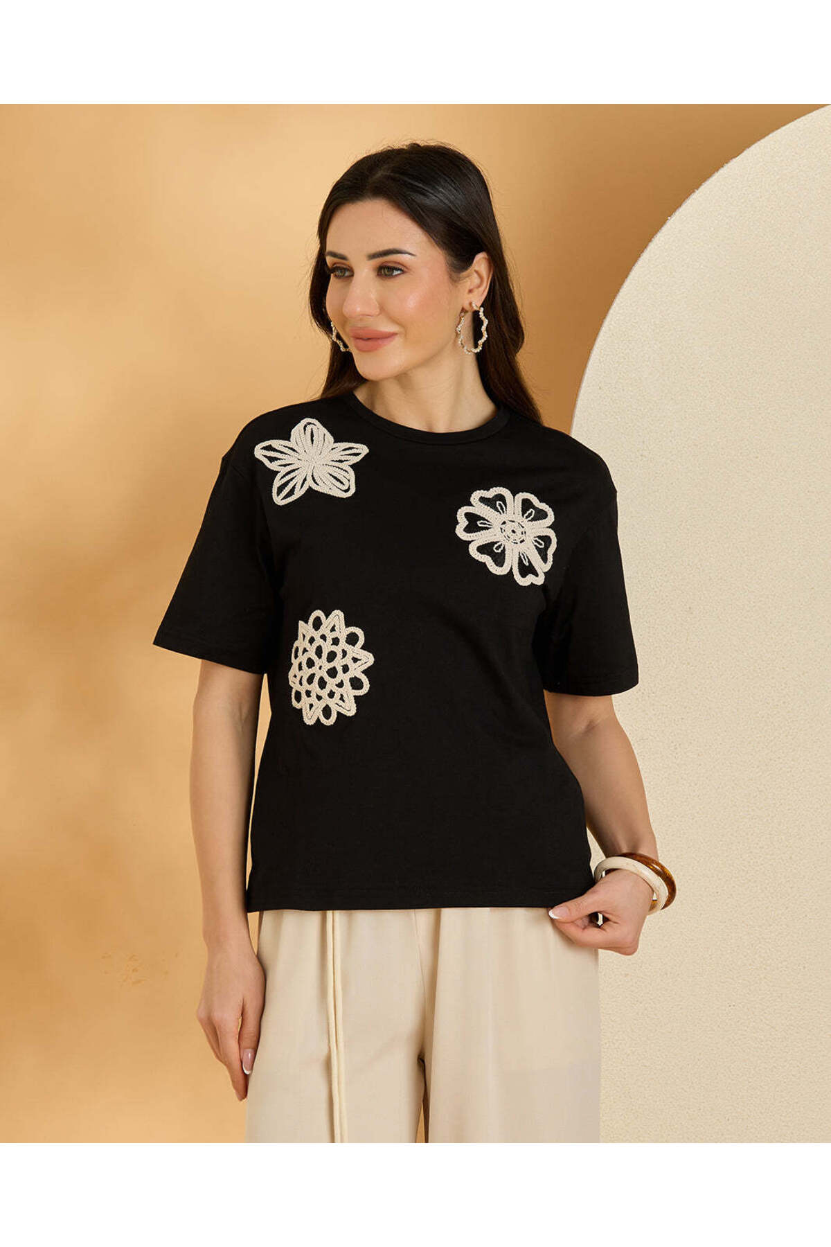 REDTAG Women Black Floral Embroidery T-shirt